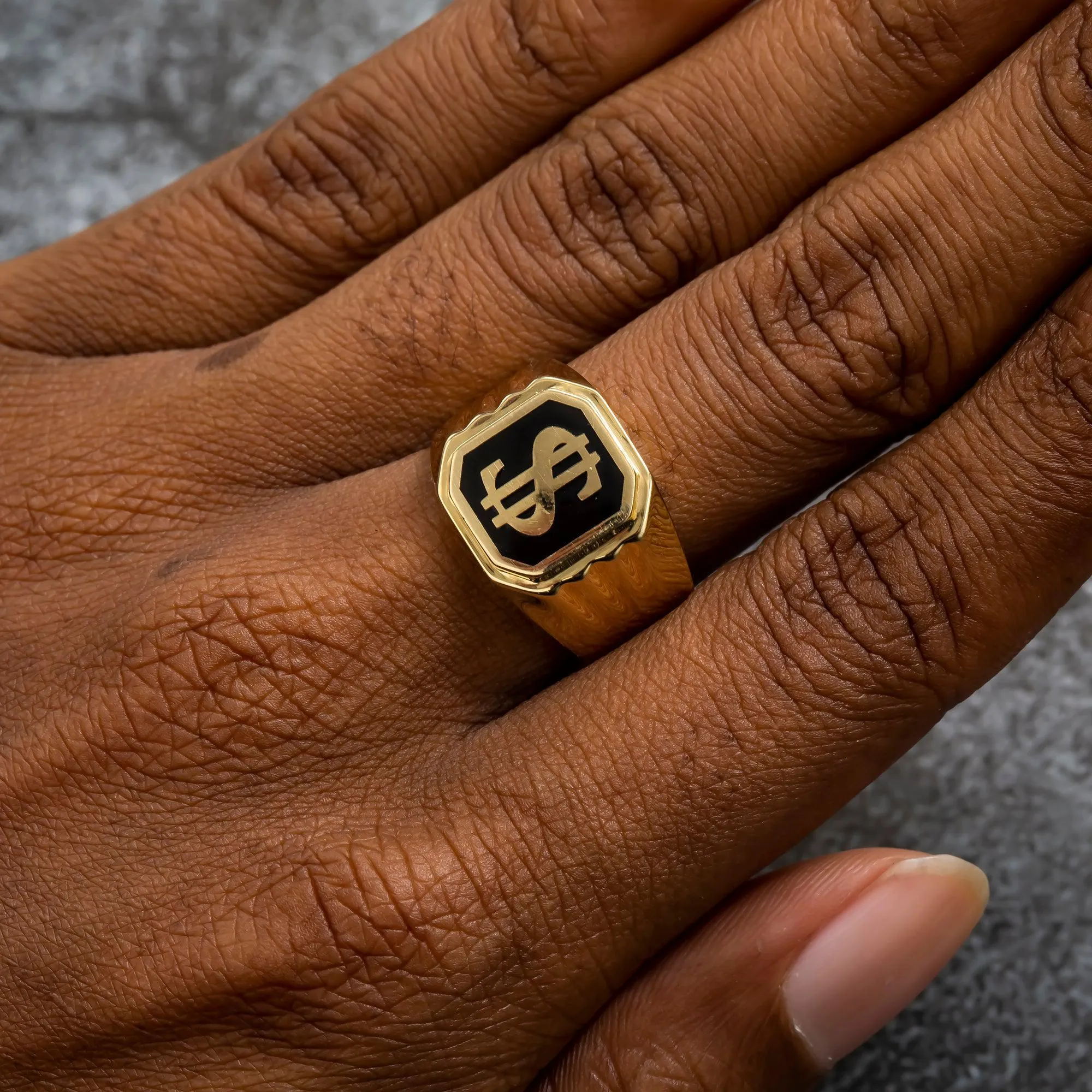 10K GOLD BLACK DOLLAR SIGN RING 7.9G