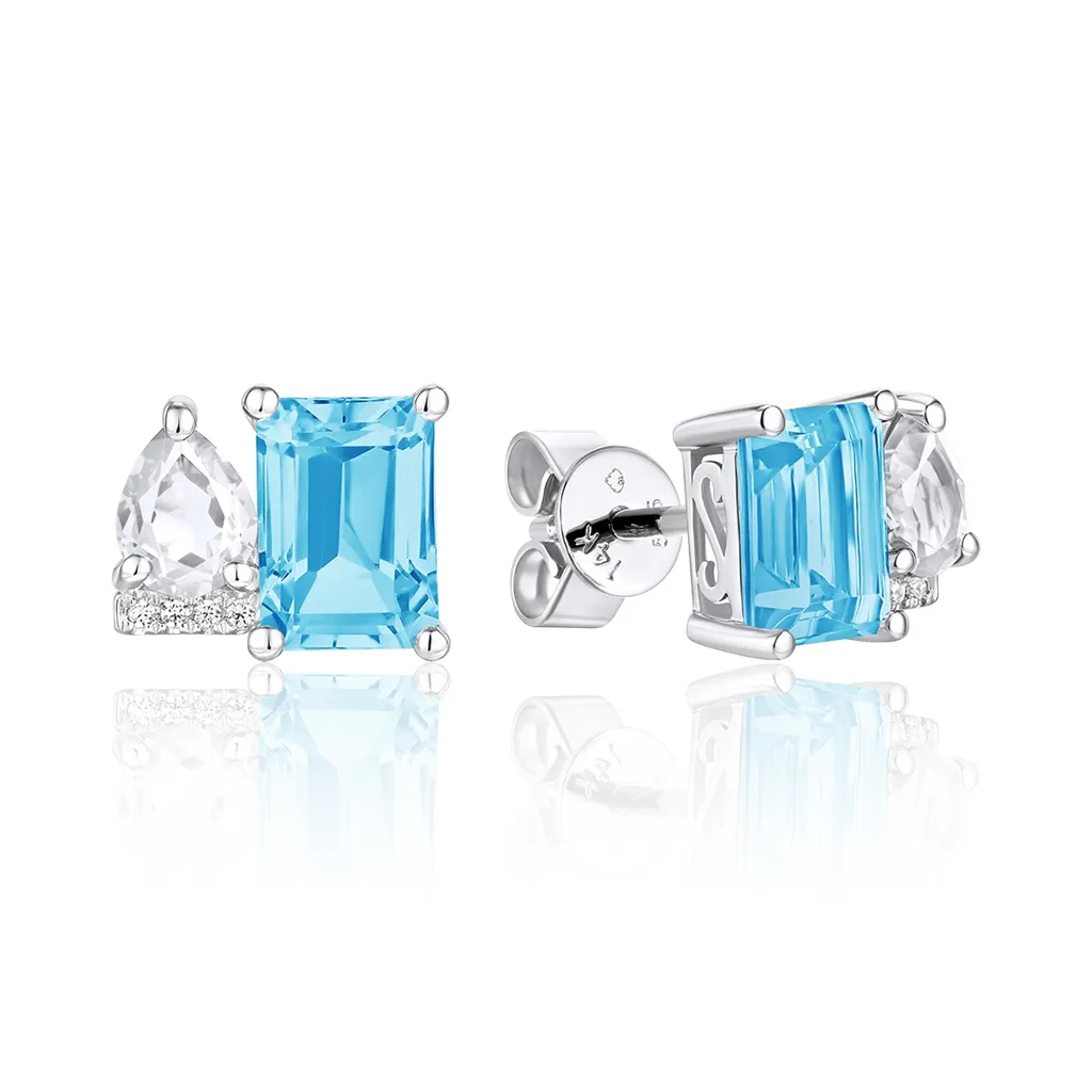 14K White Gold Blue Topaz And White Topaz Toi Et Moi Earrings