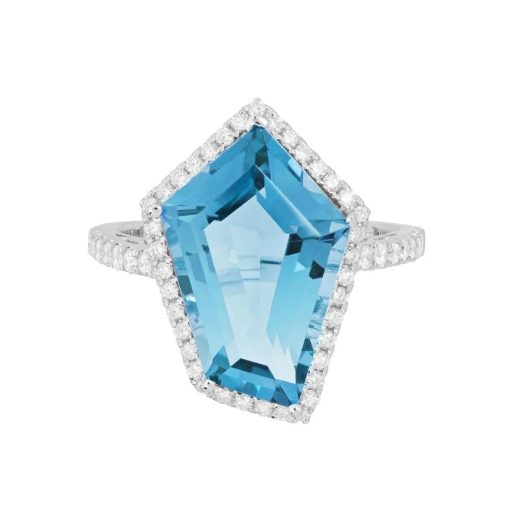 14k White Gold Swiss Blue Topaz and Diamond Ring