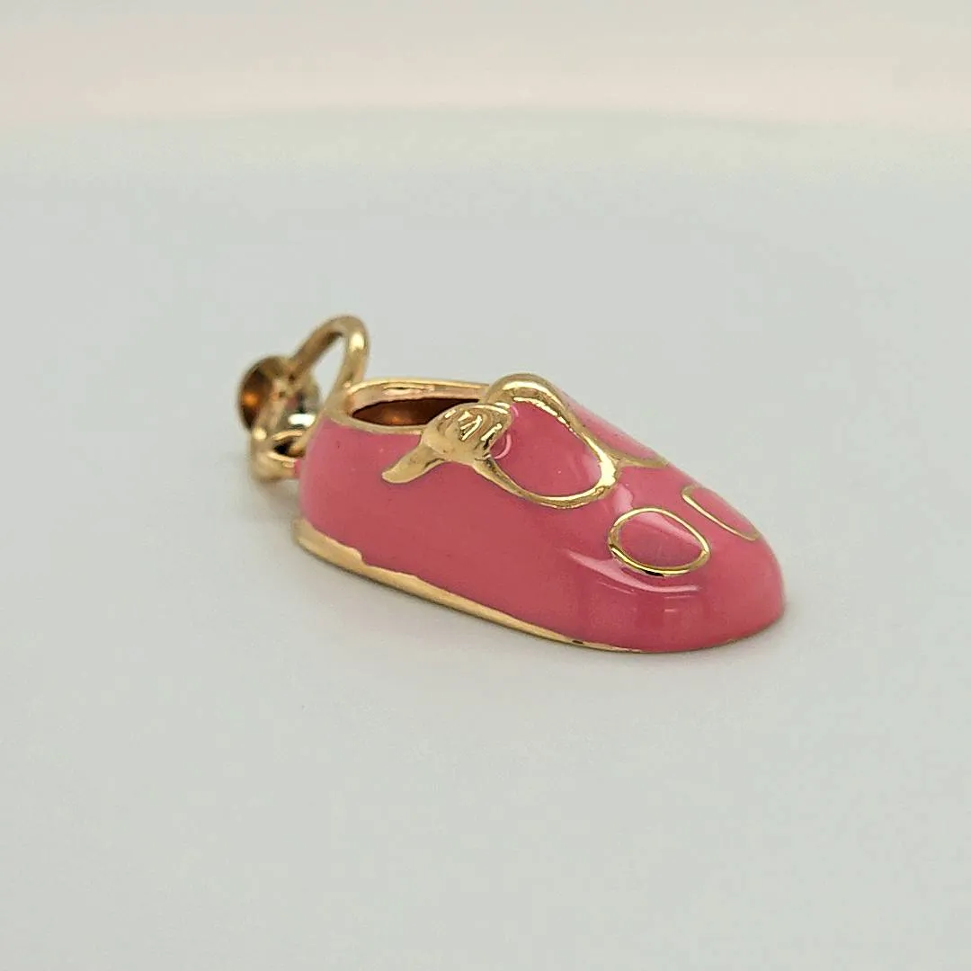 14K Yellow Gold and Pink Enamel Baby Shoe Charm