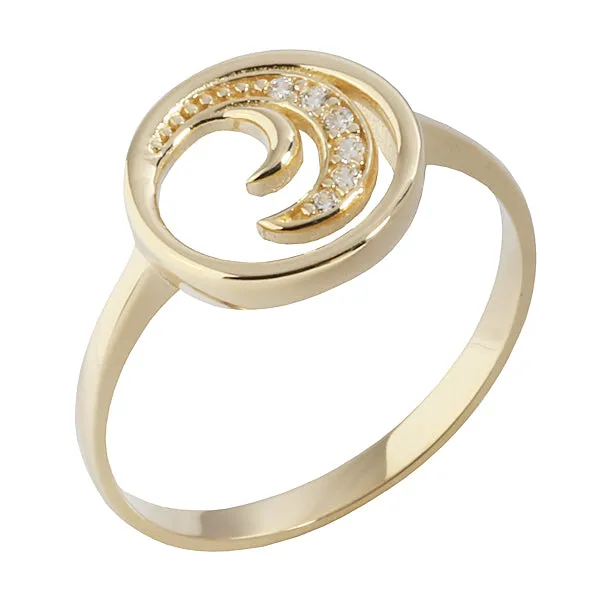 14K Yellow Gold Wave with CZ in Circle Ring