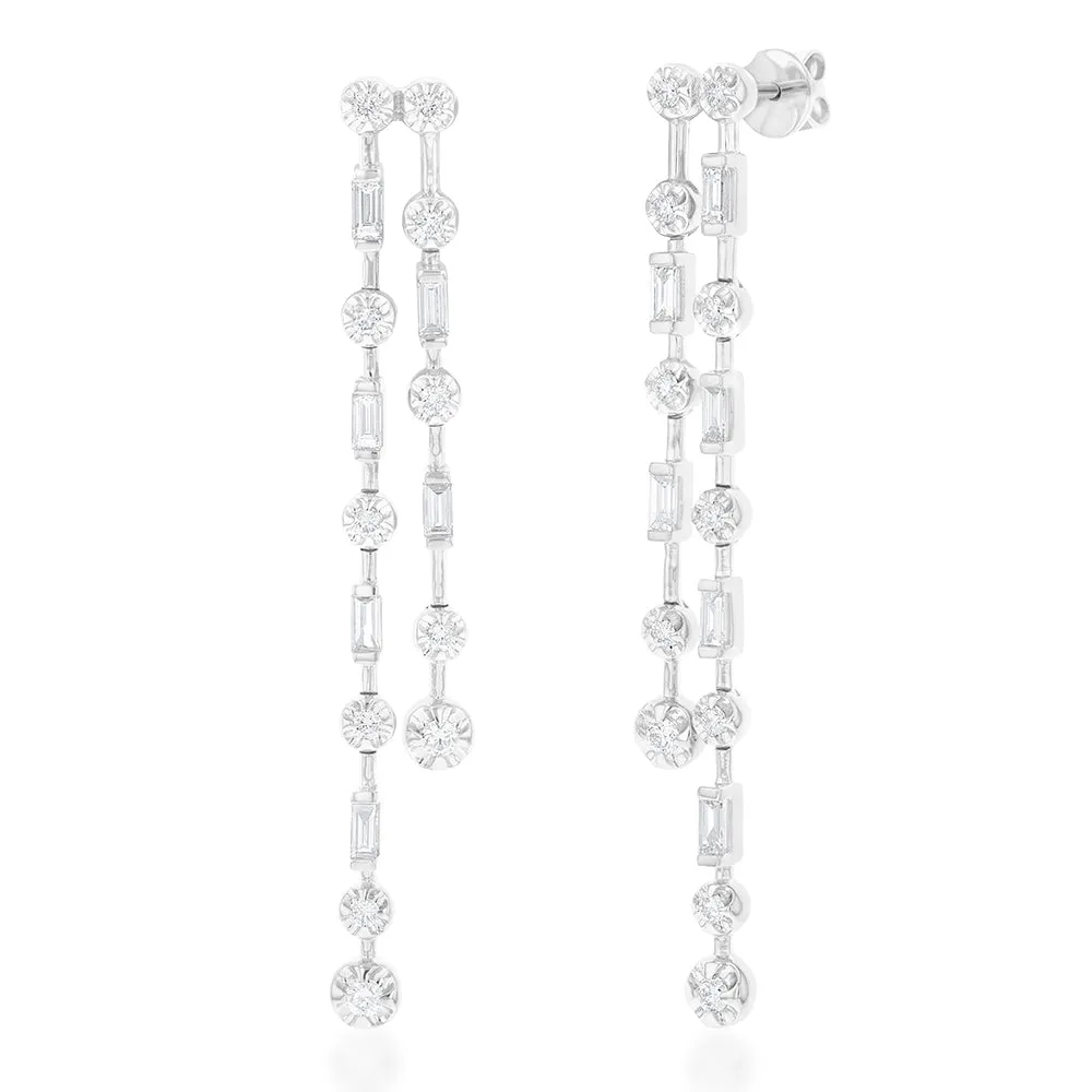 18ct White Gold Drop Diamond Earings with Round and Baguette Diamonds