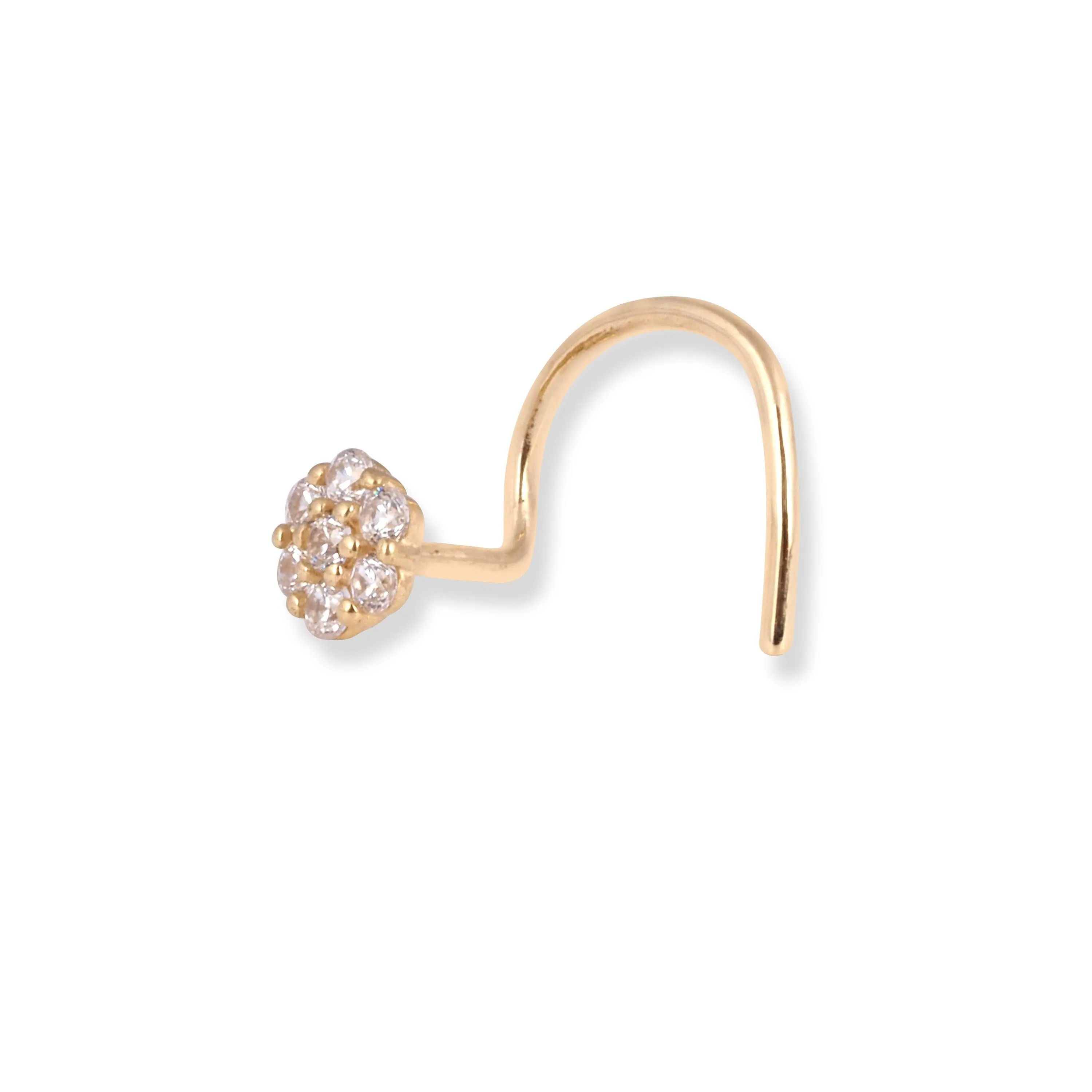 18ct Yellow Gold Flower Design Wire Back Nose Stud with 7 White Cubic Zirconia Stones NS-7571