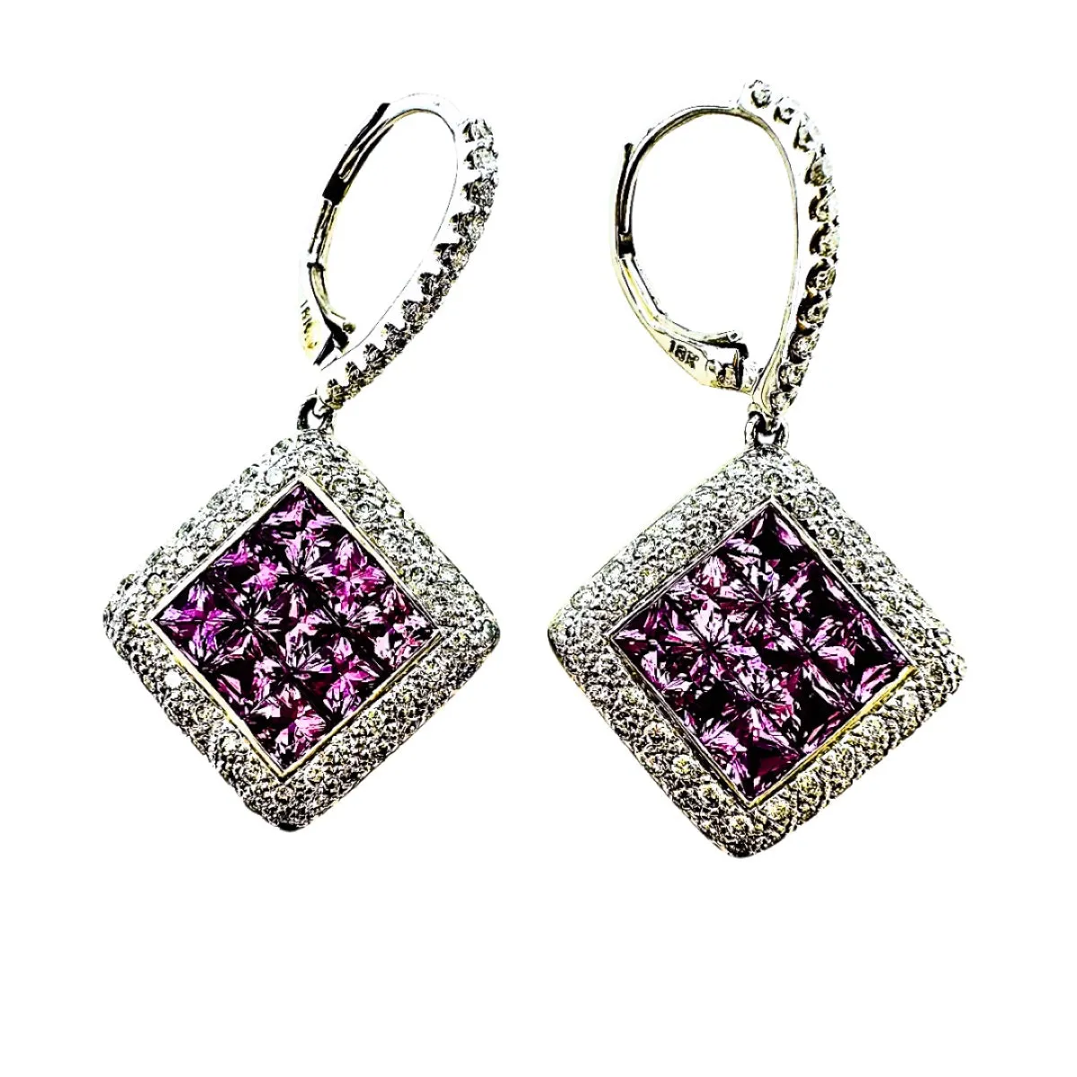 18K White Gold Pink Sapphire and Diamond Drop Earrings