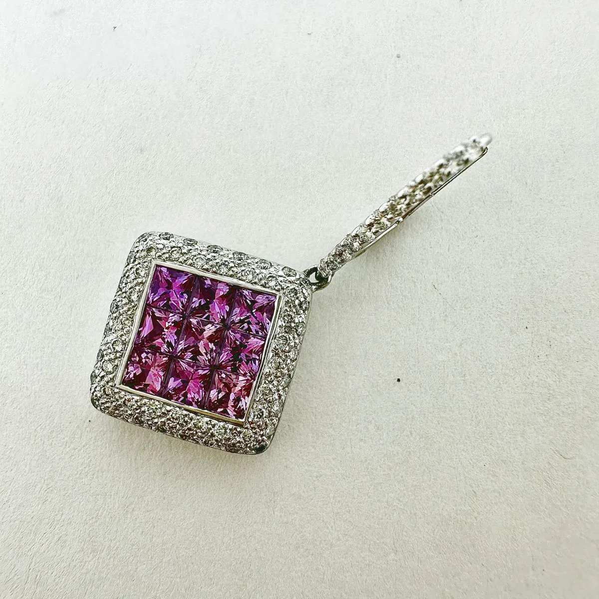 18K White Gold Pink Sapphire and Diamond Drop Earrings