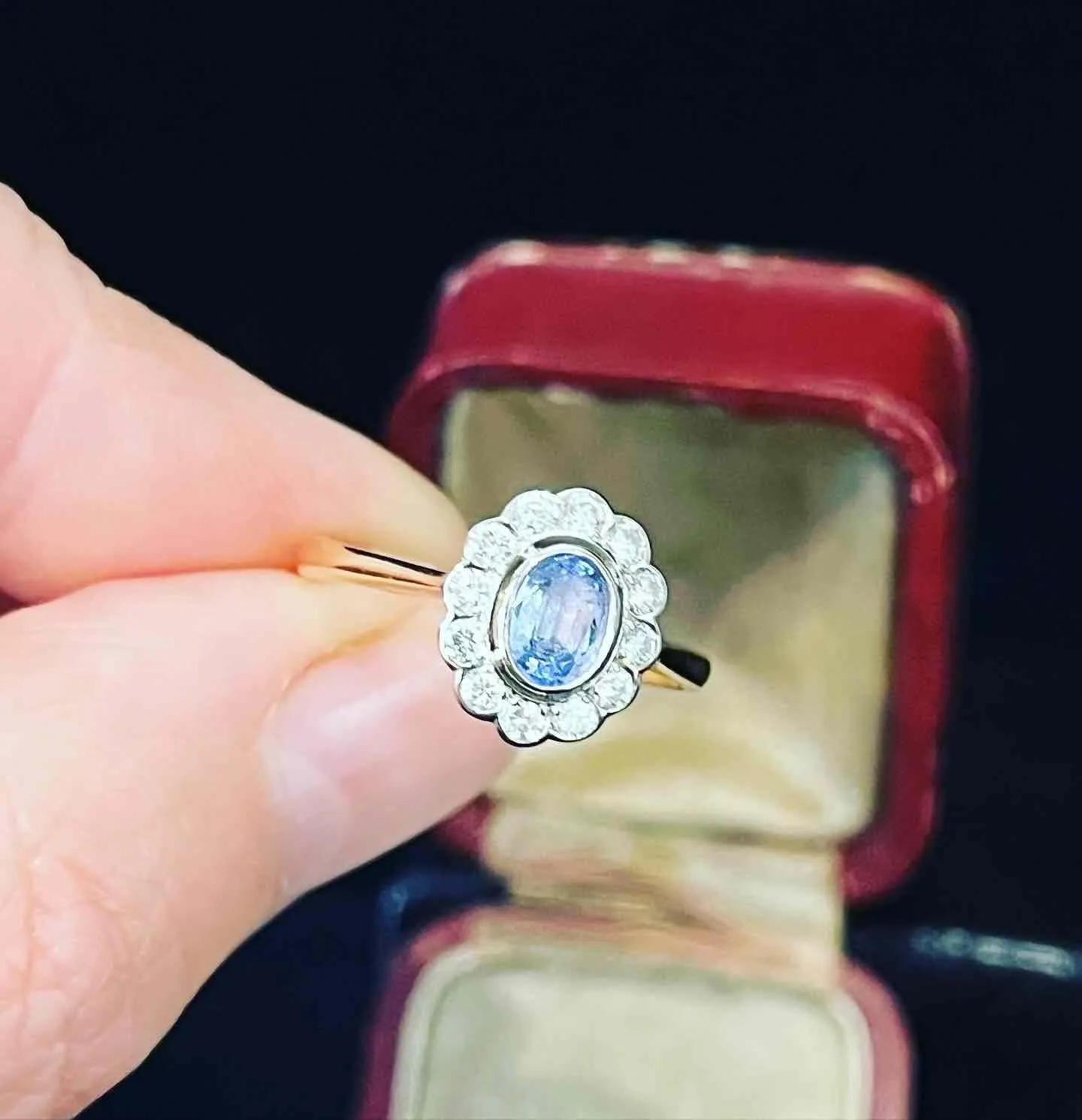 1940s Ceylon Sapphire and Diamond Oval Cluster Ring