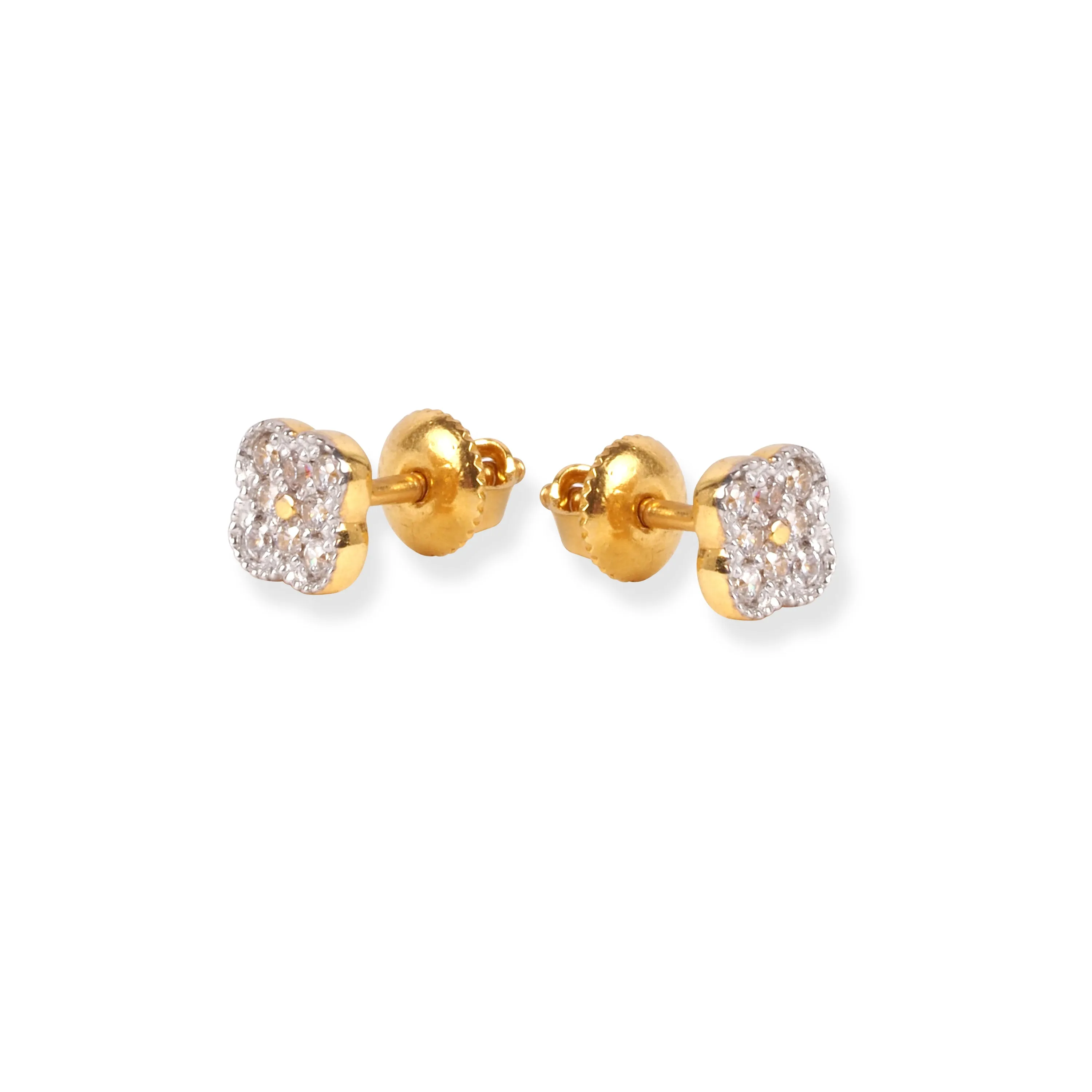 22ct Gold Clover Design Stud Earrings with Cubic Zirconia Stones and Screw Back Closure