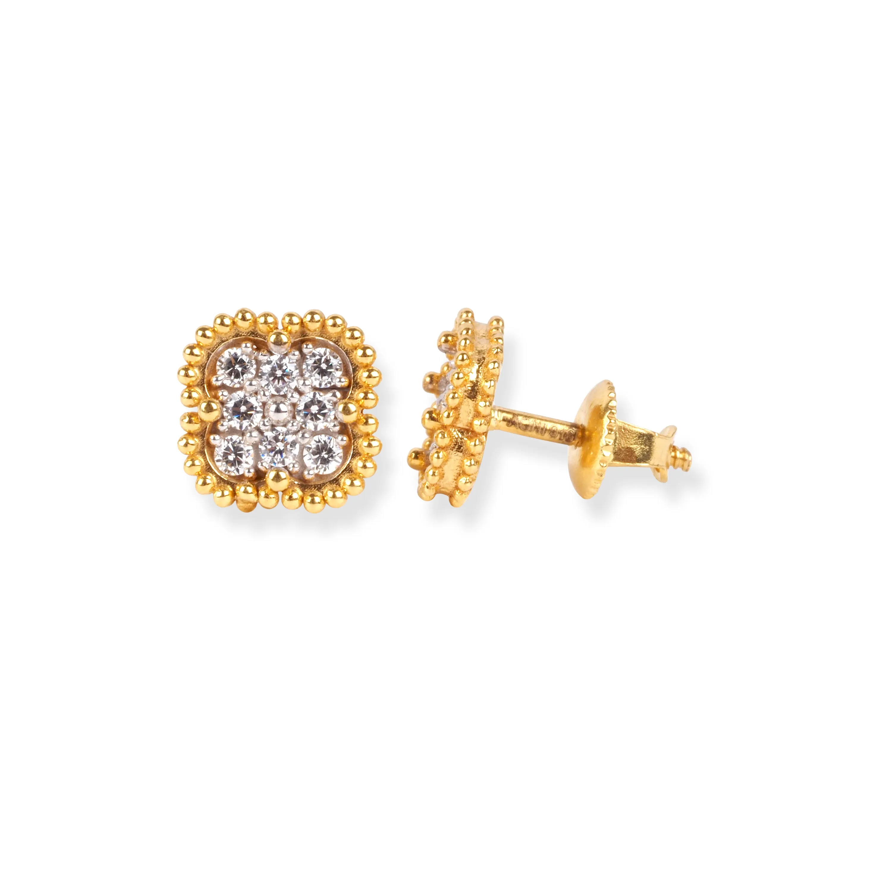 22ct Gold Clover Design Stud Earrings with Cubic Zirconia Stones and Screw Back Closure