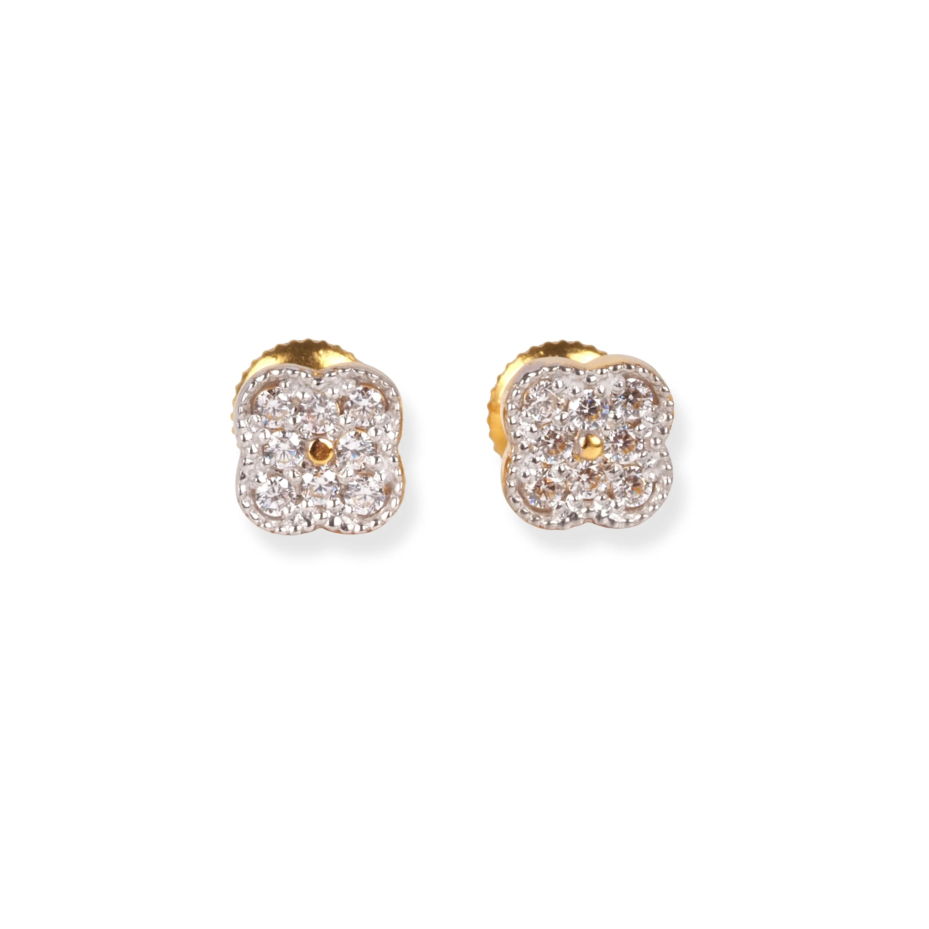 22ct Gold Clover Design Stud Earrings with Cubic Zirconia Stones and Screw Back Closure