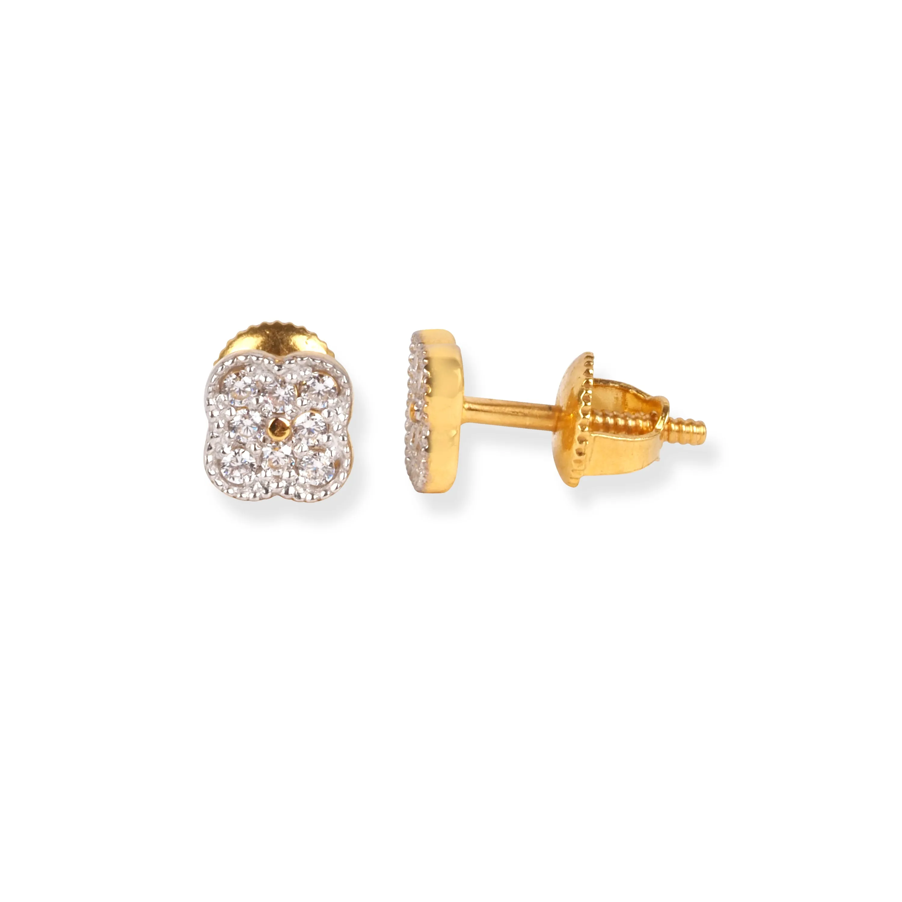 22ct Gold Clover Design Stud Earrings with Cubic Zirconia Stones and Screw Back Closure