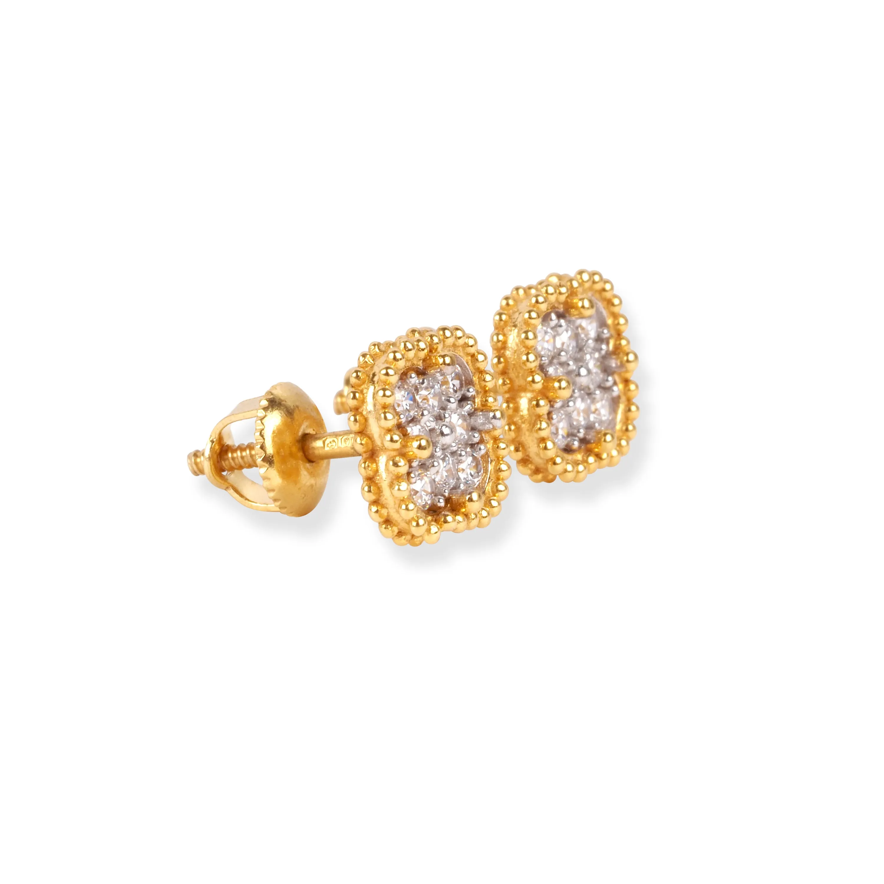 22ct Gold Clover Design Stud Earrings with Cubic Zirconia Stones and Screw Back Closure