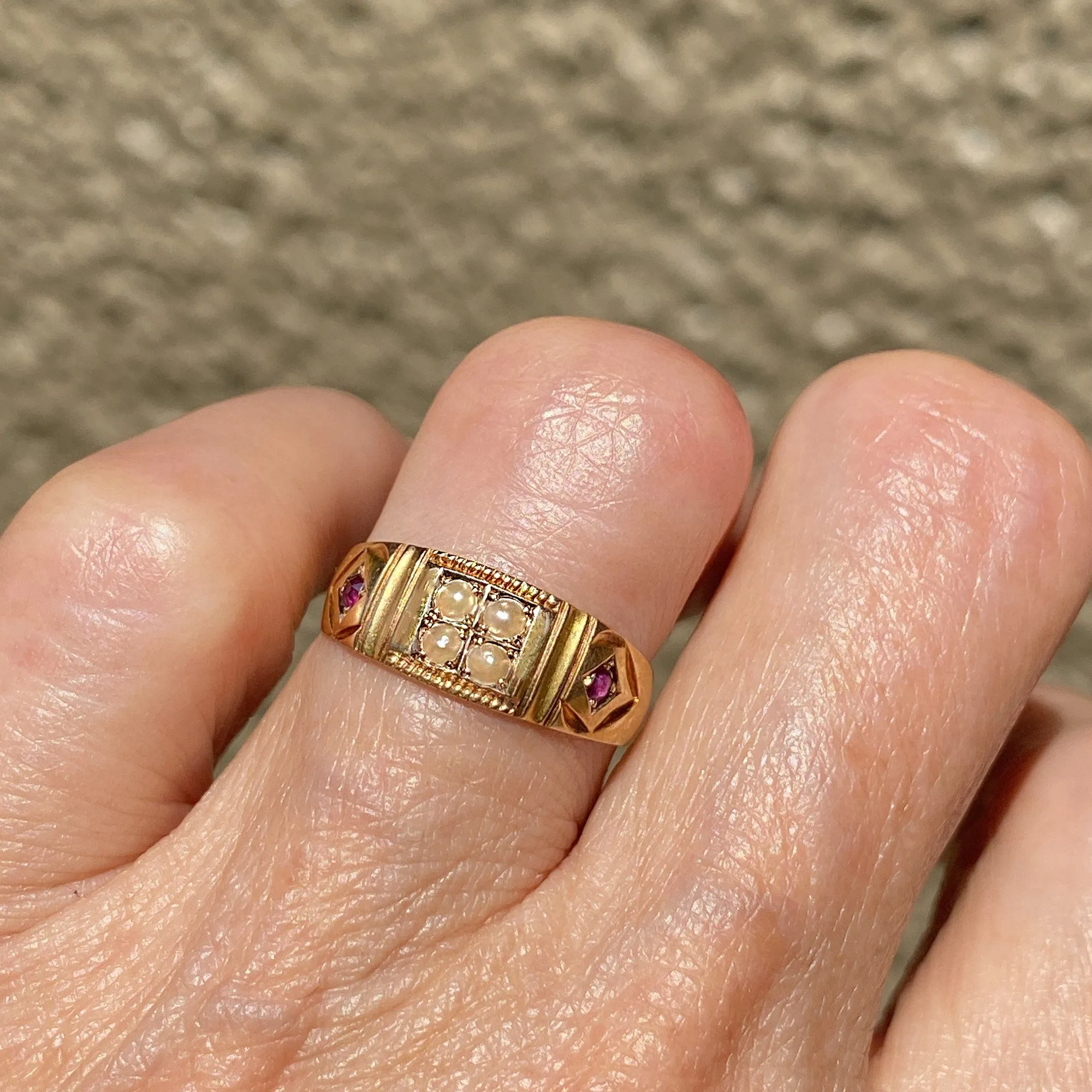 2nd Payment Antique 15K Gold Ruby Pearl Gypsy Band Ring, C 1880s