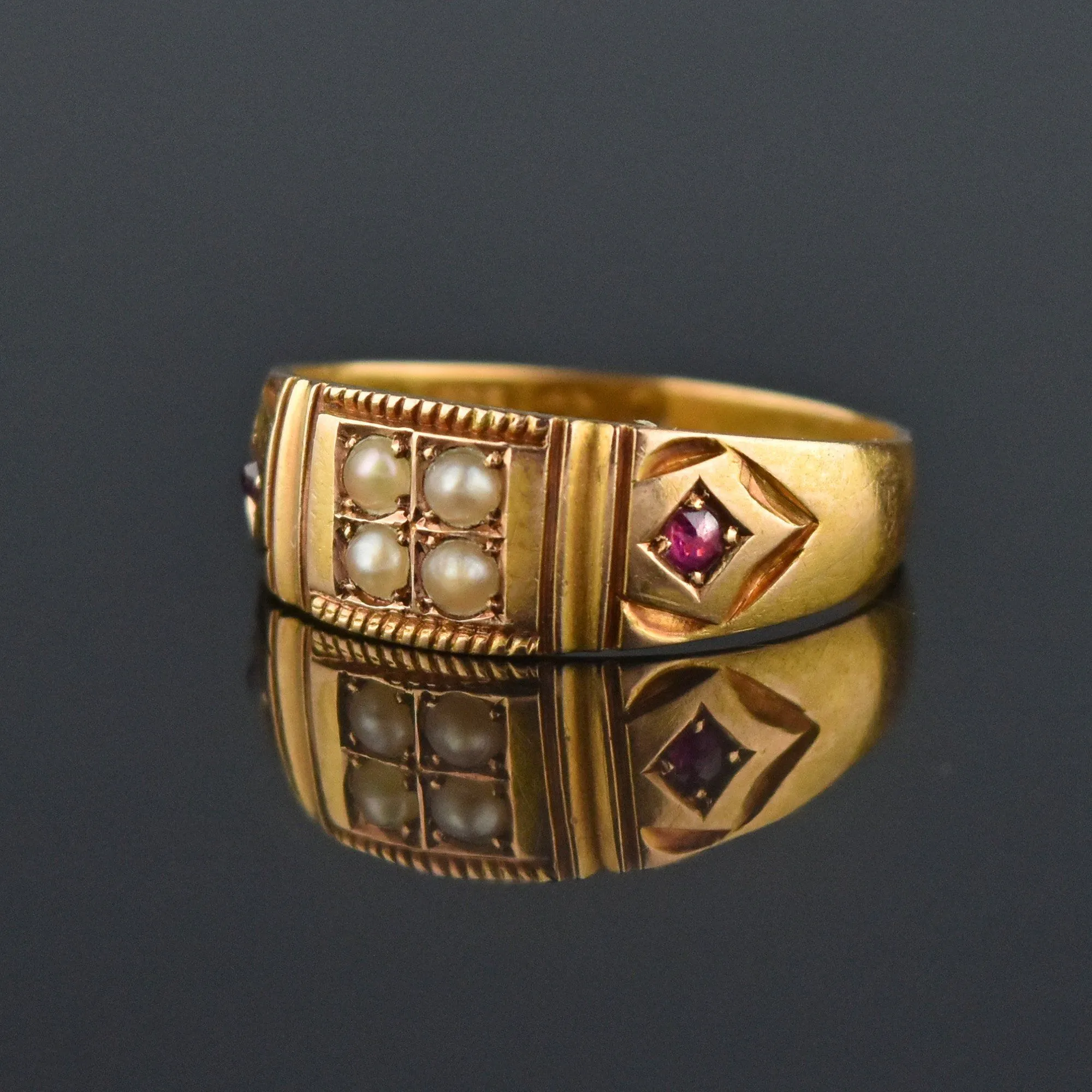 2nd Payment Antique 15K Gold Ruby Pearl Gypsy Band Ring, C 1880s