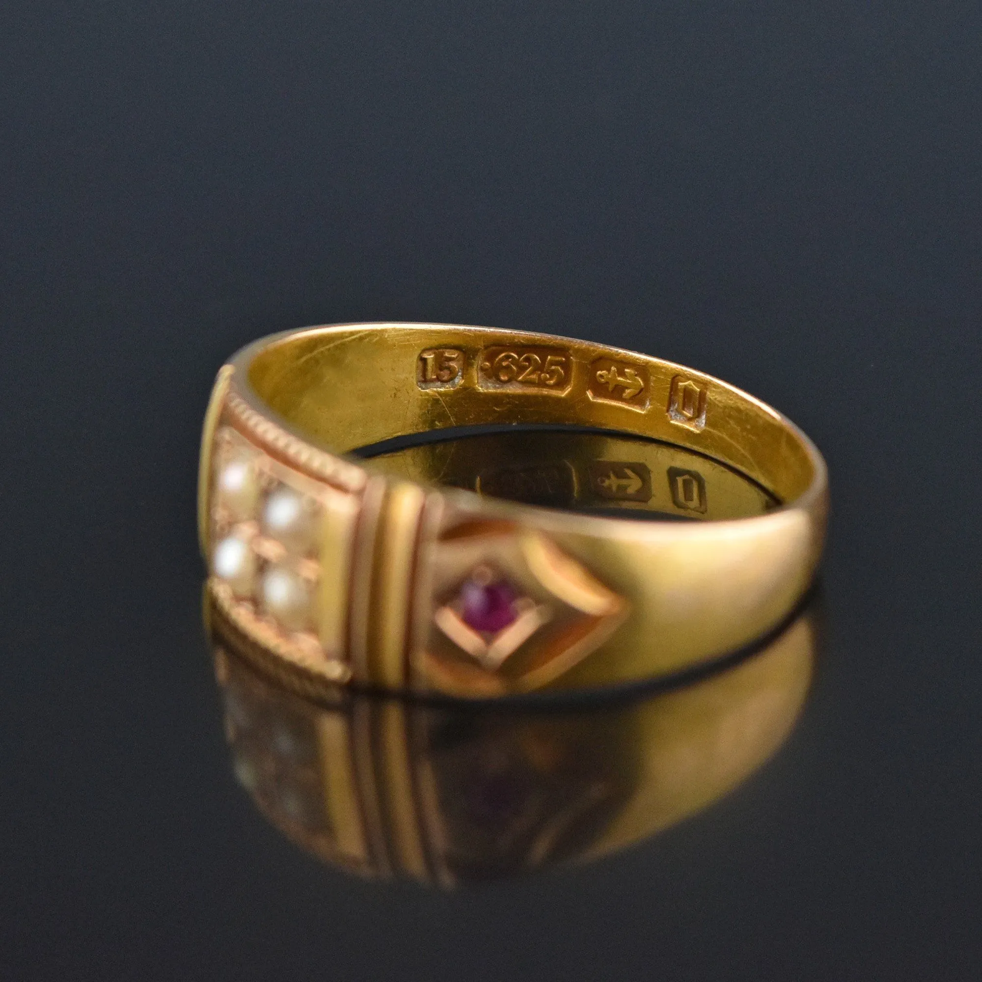 3rd Payment Antique 15K Gold Ruby Pearl Gypsy Band Ring, C 1880s