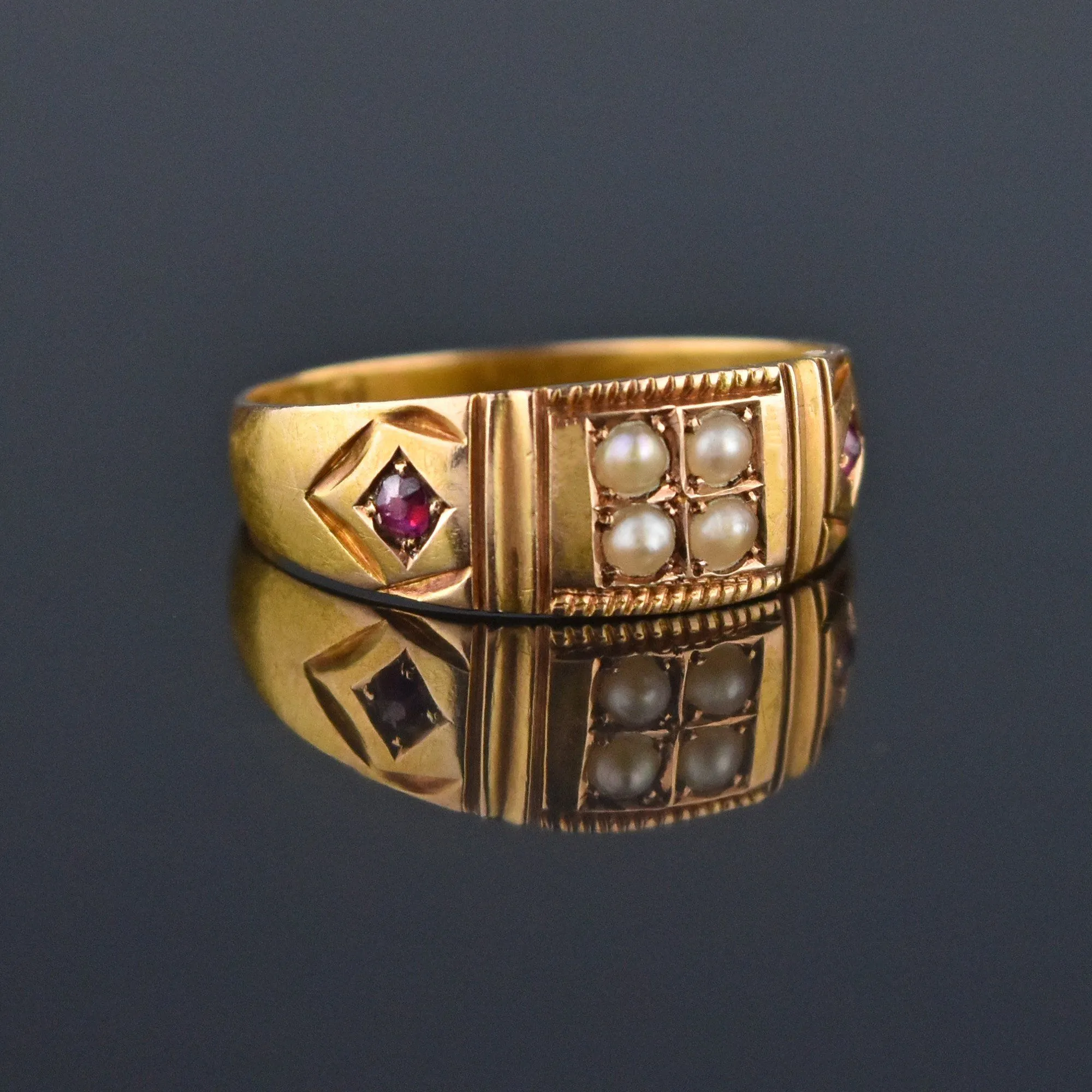 3rd Payment Antique 15K Gold Ruby Pearl Gypsy Band Ring, C 1880s