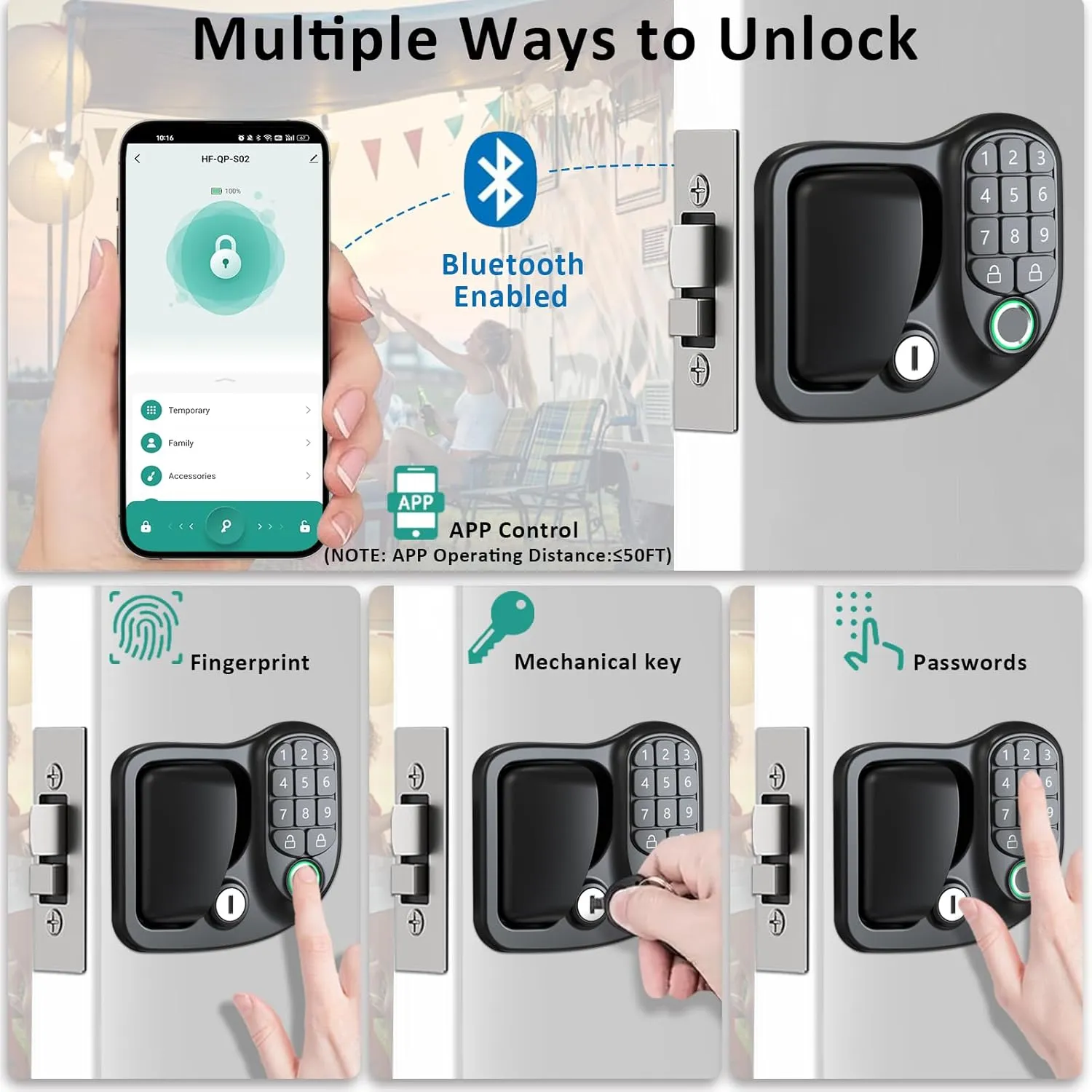 4-in-1 Keyless RV Door Lock: Bluetooth, Fingerprint, Passwords & Keys, Opening Size 3.75"x2.75"x1.5"