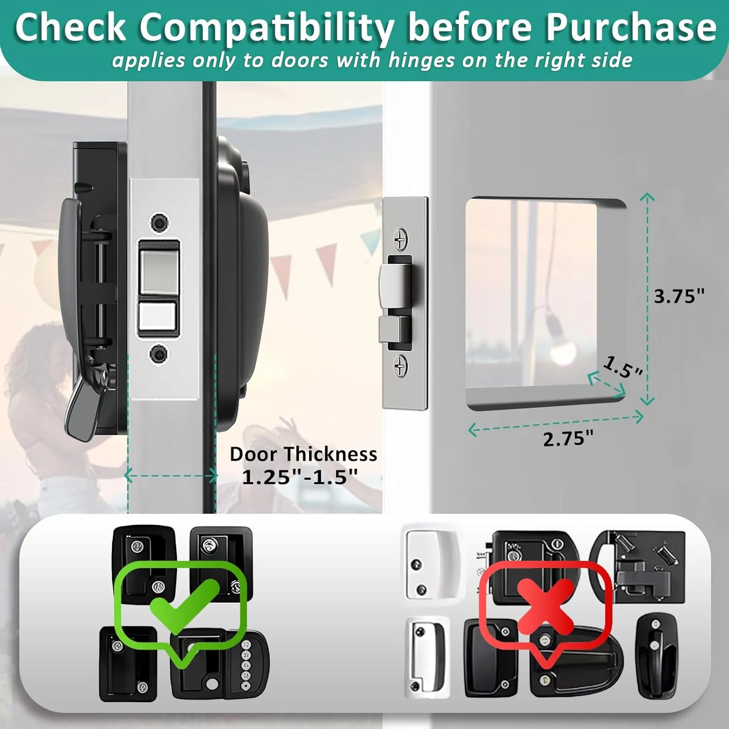 4-in-1 Keyless RV Door Lock: Bluetooth, Fingerprint, Passwords & Keys, Opening Size 3.75"x2.75"x1.5"