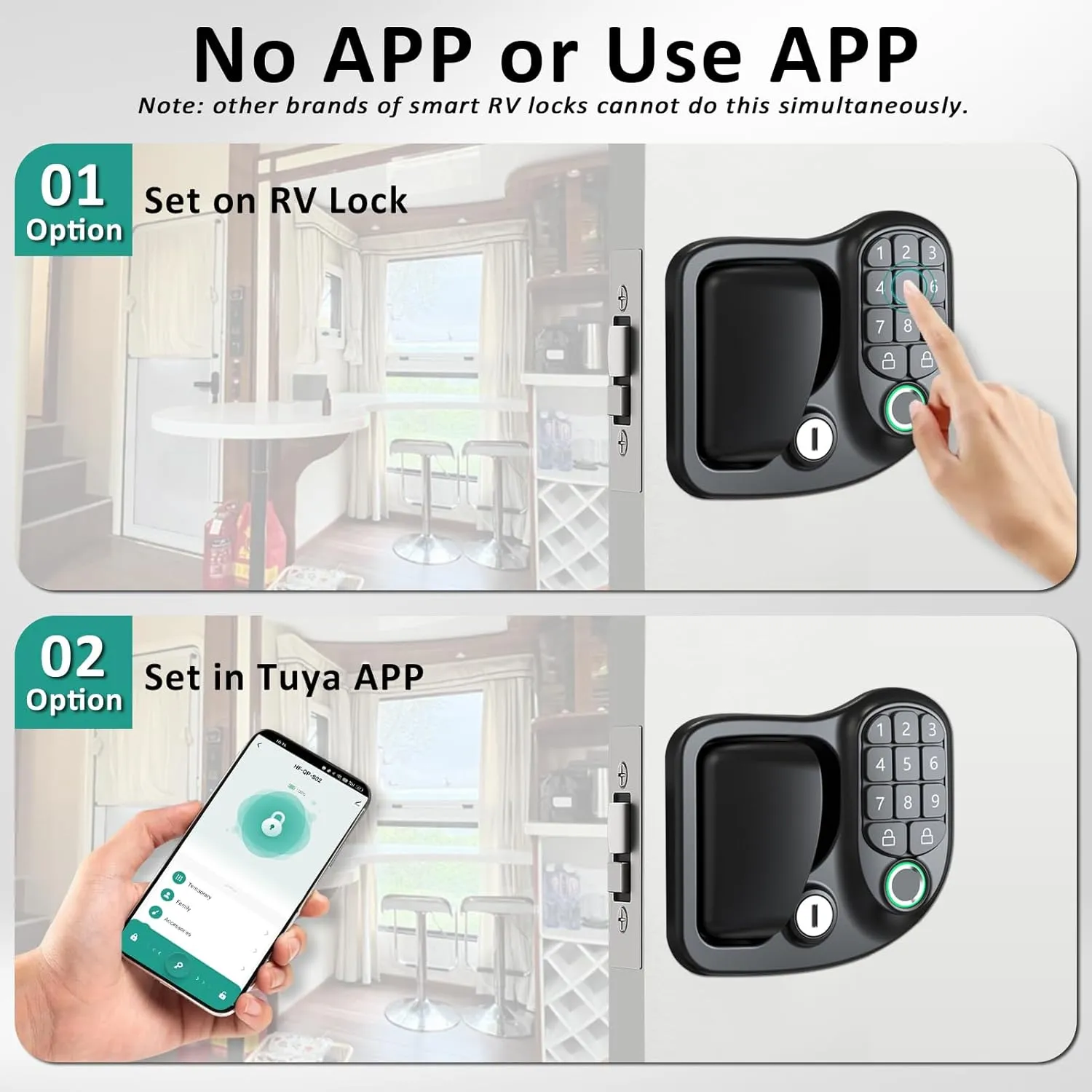 4-in-1 Keyless RV Door Lock: Bluetooth, Fingerprint, Passwords & Keys, Opening Size 3.75"x2.75"x1.5"