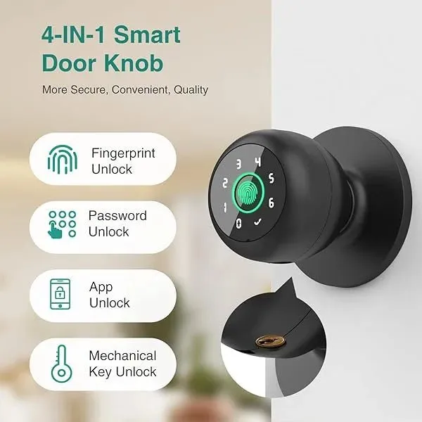 4-in-1 Smart Fingerprint Door Knob with Keypad, Biometric & App Control, Keyless Entry for Home GHomeSmart® K10PRO