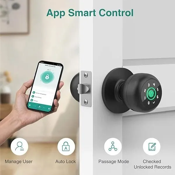 4-in-1 Smart Fingerprint Door Knob with Keypad, Biometric & App Control, Keyless Entry for Home GHomeSmart® K10PRO