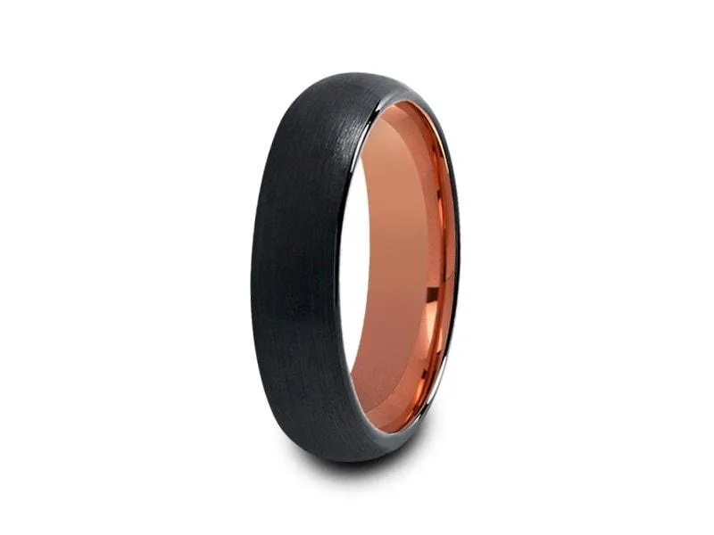 6MM BRUSHED BLACK Tungsten Wedding Band DOME AND ROSE GOLD INTERIOR