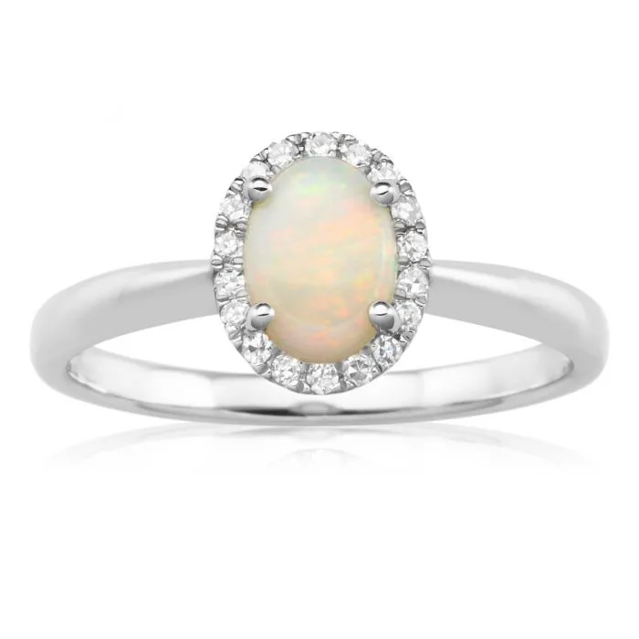 9ct 0.45ct Natural White Opal and Diamond Halo Ring