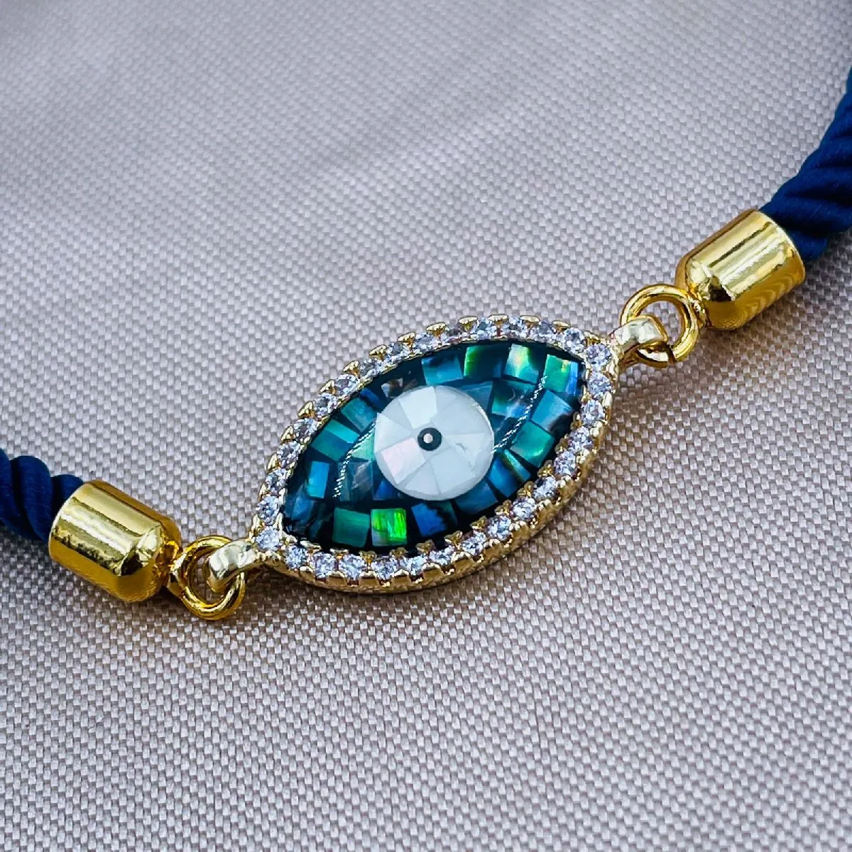 Abalone Evil eye Copper Gold Blue Cubic Zirconia Thread Bracelet Women