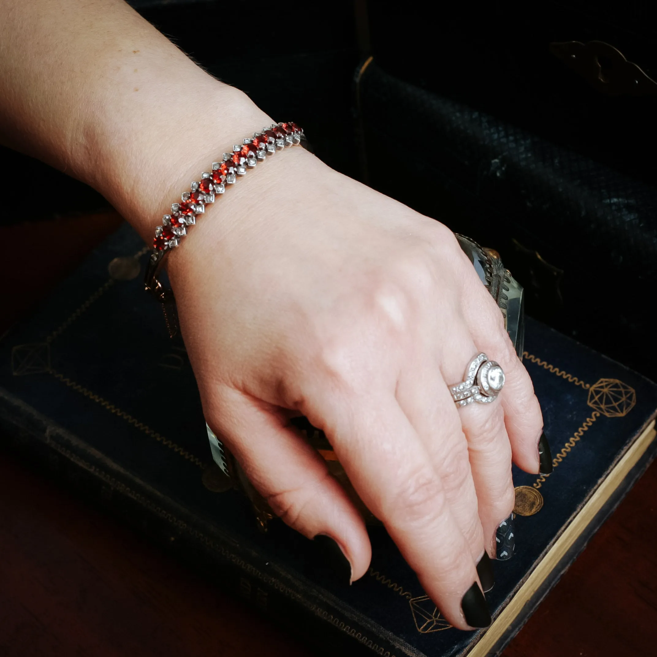 Antique Date 1895 Hessonite Garnet and Rose-cut Diamond Bangle Bracelet