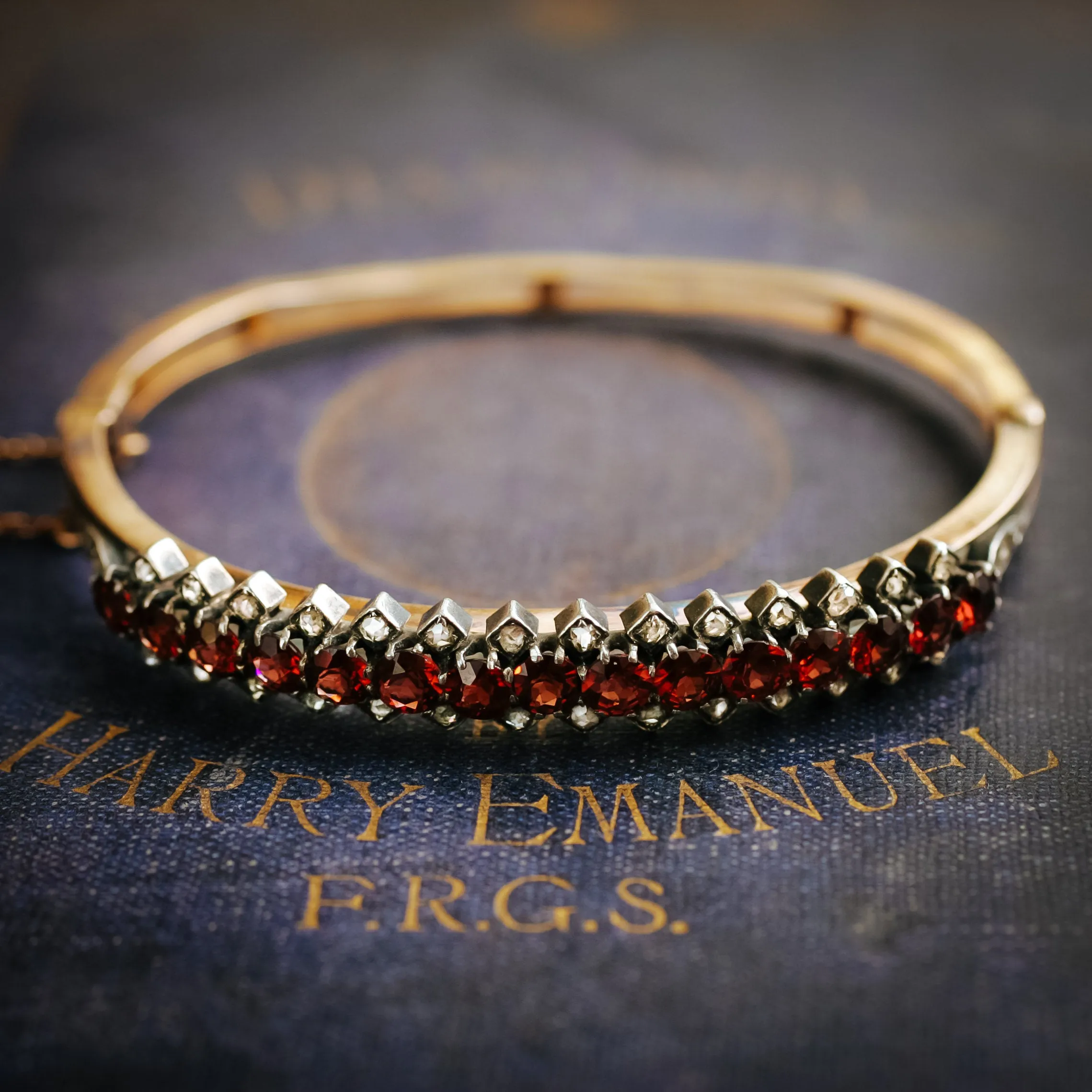 Antique Date 1895 Hessonite Garnet and Rose-cut Diamond Bangle Bracelet