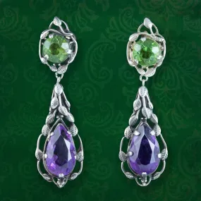 Antique Edwardian Arts And Crafts Amethyst Peridot Drop Earrings