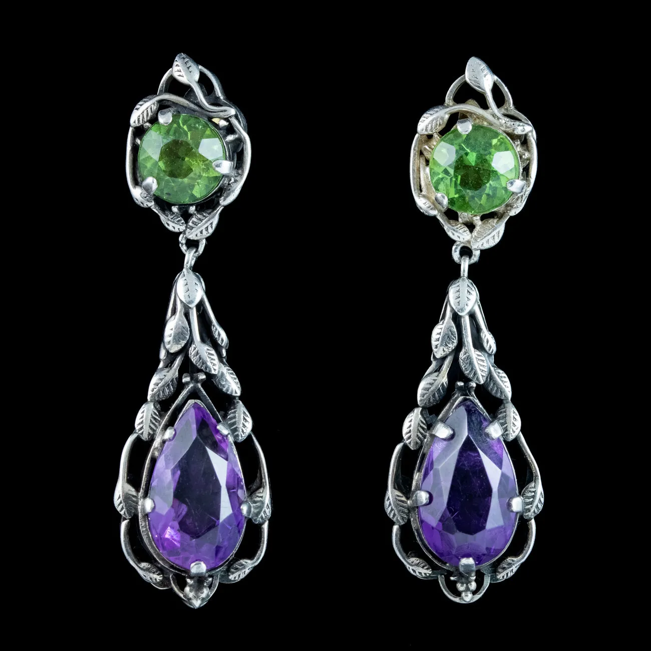 Antique Edwardian Arts And Crafts Amethyst Peridot Drop Earrings