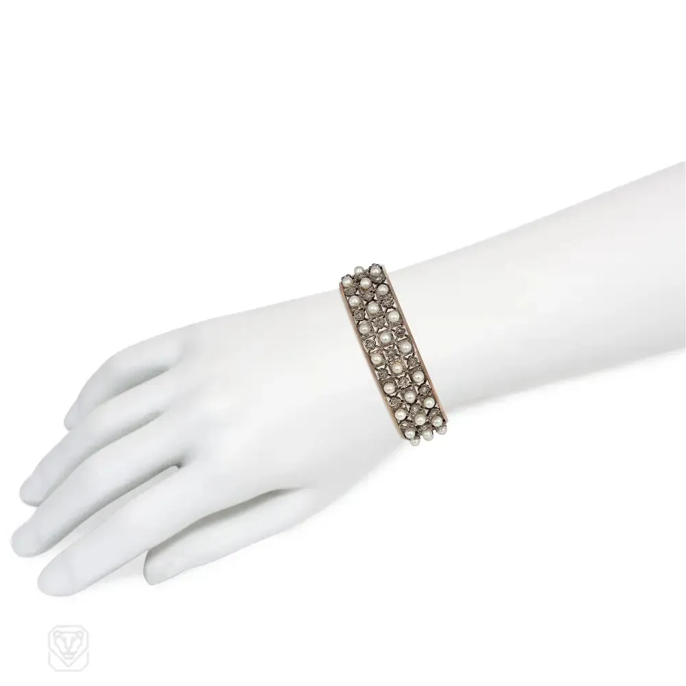 Antique French pearl and diamond lattice lace cuff