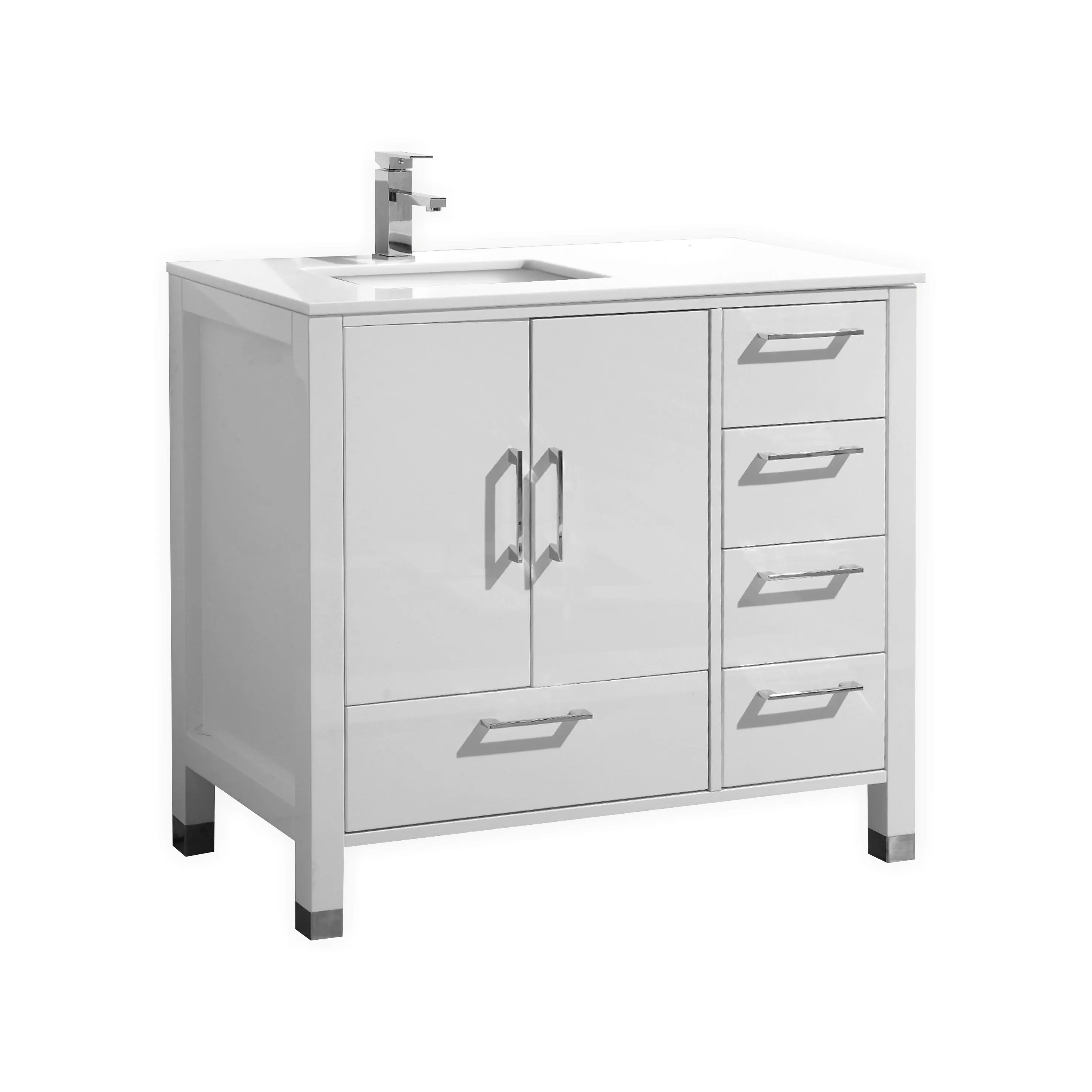 ASL-36R, High Gloss White, Pure White Quartz Countertop, Floor Standing Modern Bathroom Vanity