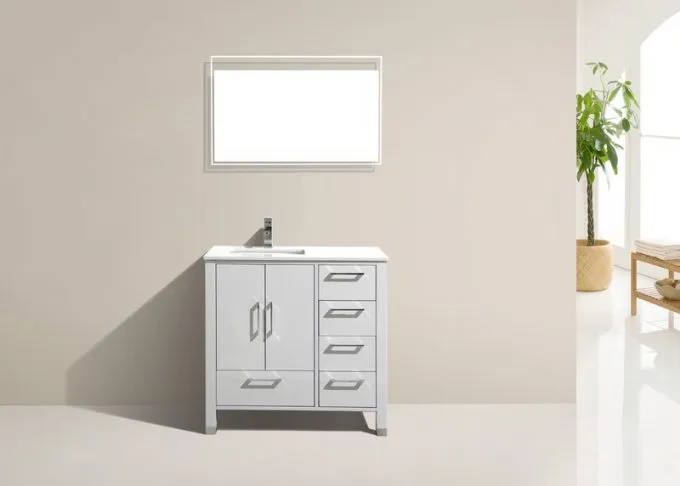 ASL-36R, High Gloss White, Pure White Quartz Countertop, Floor Standing Modern Bathroom Vanity