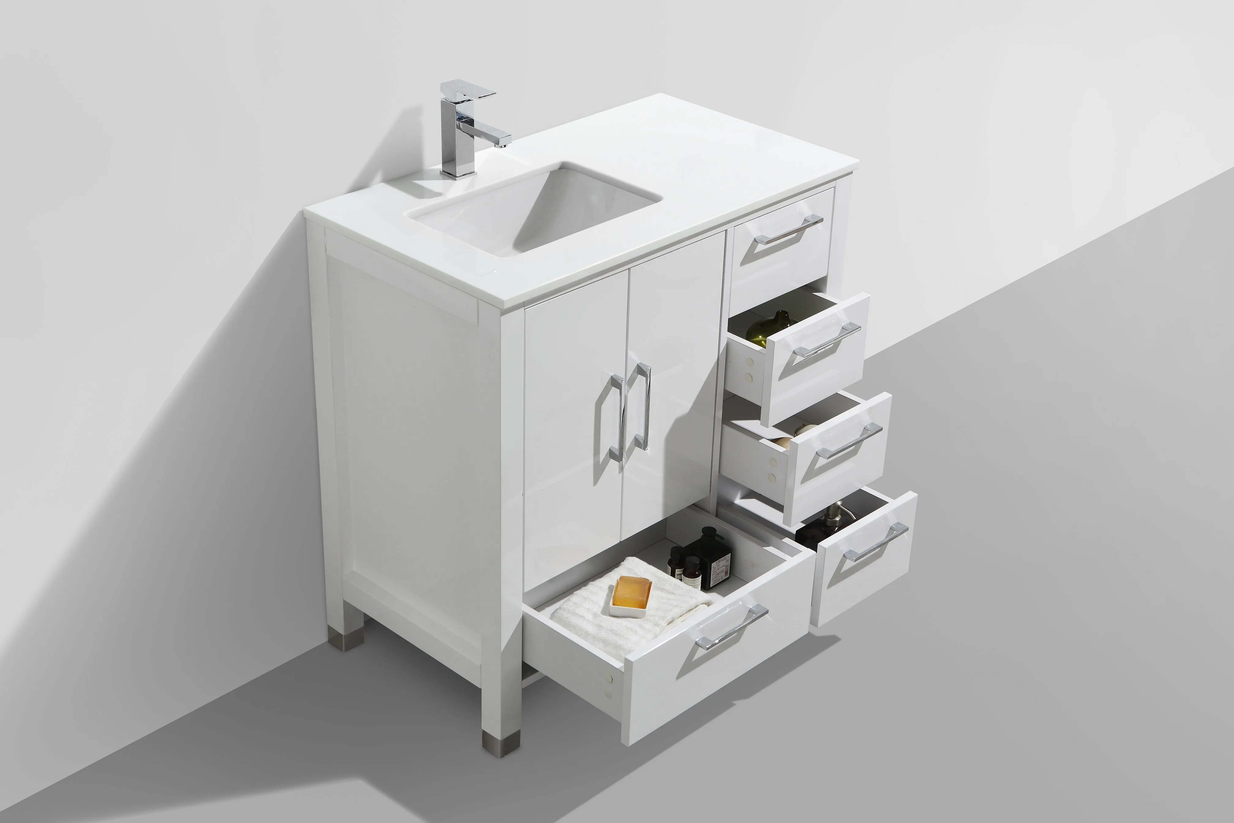 ASL-36R, High Gloss White, Pure White Quartz Countertop, Floor Standing Modern Bathroom Vanity