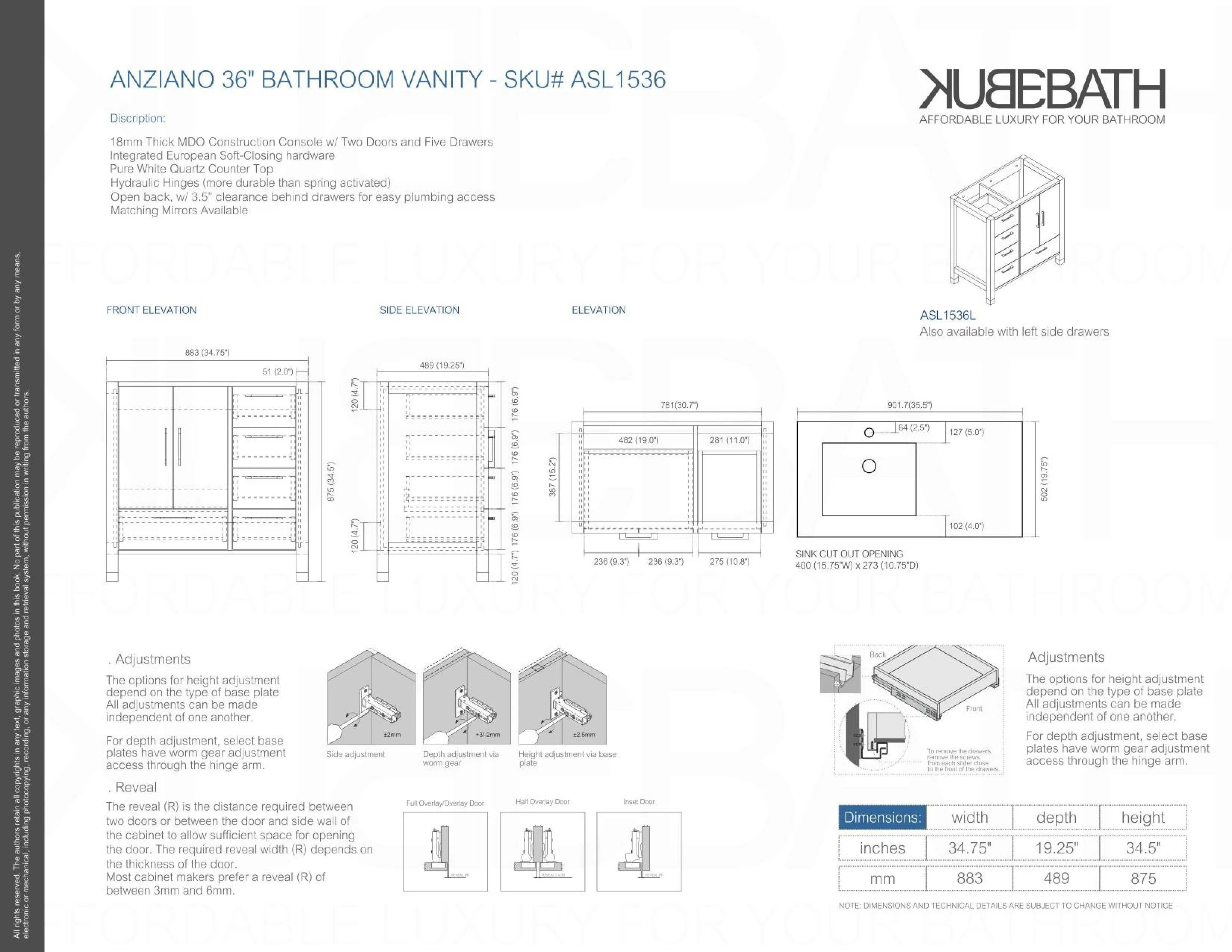 ASL-36R, High Gloss White, Pure White Quartz Countertop, Floor Standing Modern Bathroom Vanity