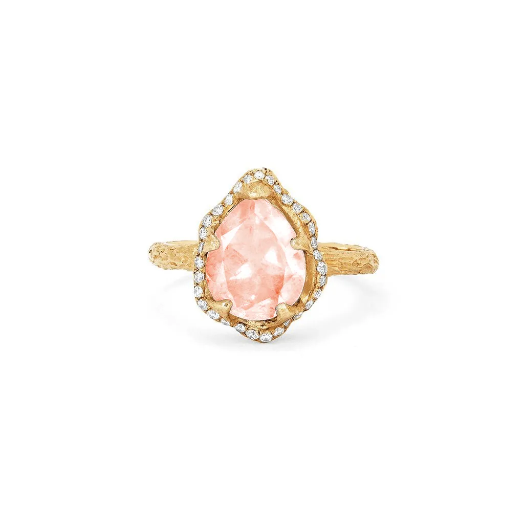 Baby Queen Water Drop Morganite Ring with Full Pavé Halo