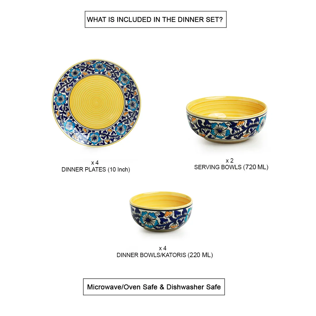 'Badamwari Bagheecha' Handpainted Ceramic Dinner Plates, Serving Bowls & Katoris (10 Pieces, Serving for 4, Microwave Safe)