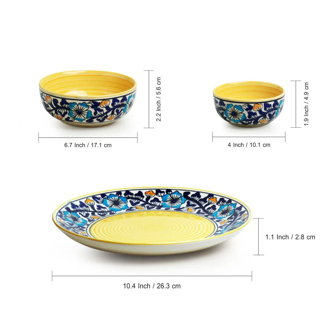 'Badamwari Bagheecha' Handpainted Ceramic Dinner Plates, Serving Bowls & Katoris (10 Pieces, Serving for 4, Microwave Safe)