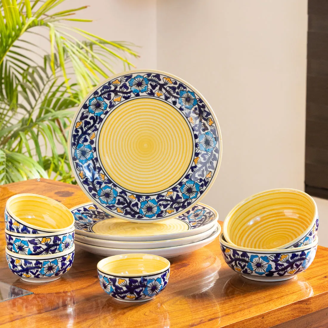 'Badamwari Bagheecha' Handpainted Ceramic Dinner Plates, Serving Bowls & Katoris (10 Pieces, Serving for 4, Microwave Safe)