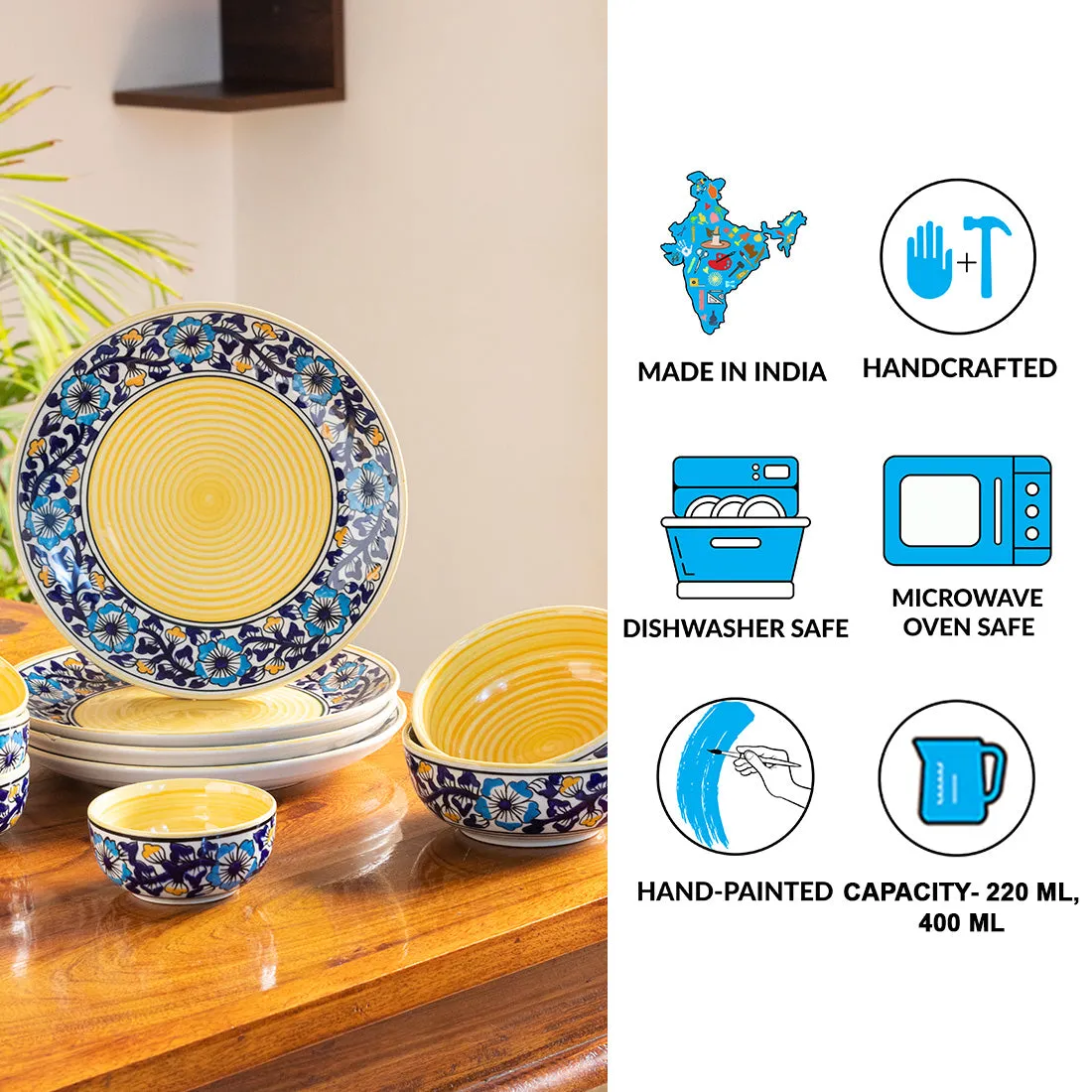 'Badamwari Bagheecha' Handpainted Ceramic Dinner Plates, Serving Bowls & Katoris (10 Pieces, Serving for 4, Microwave Safe)