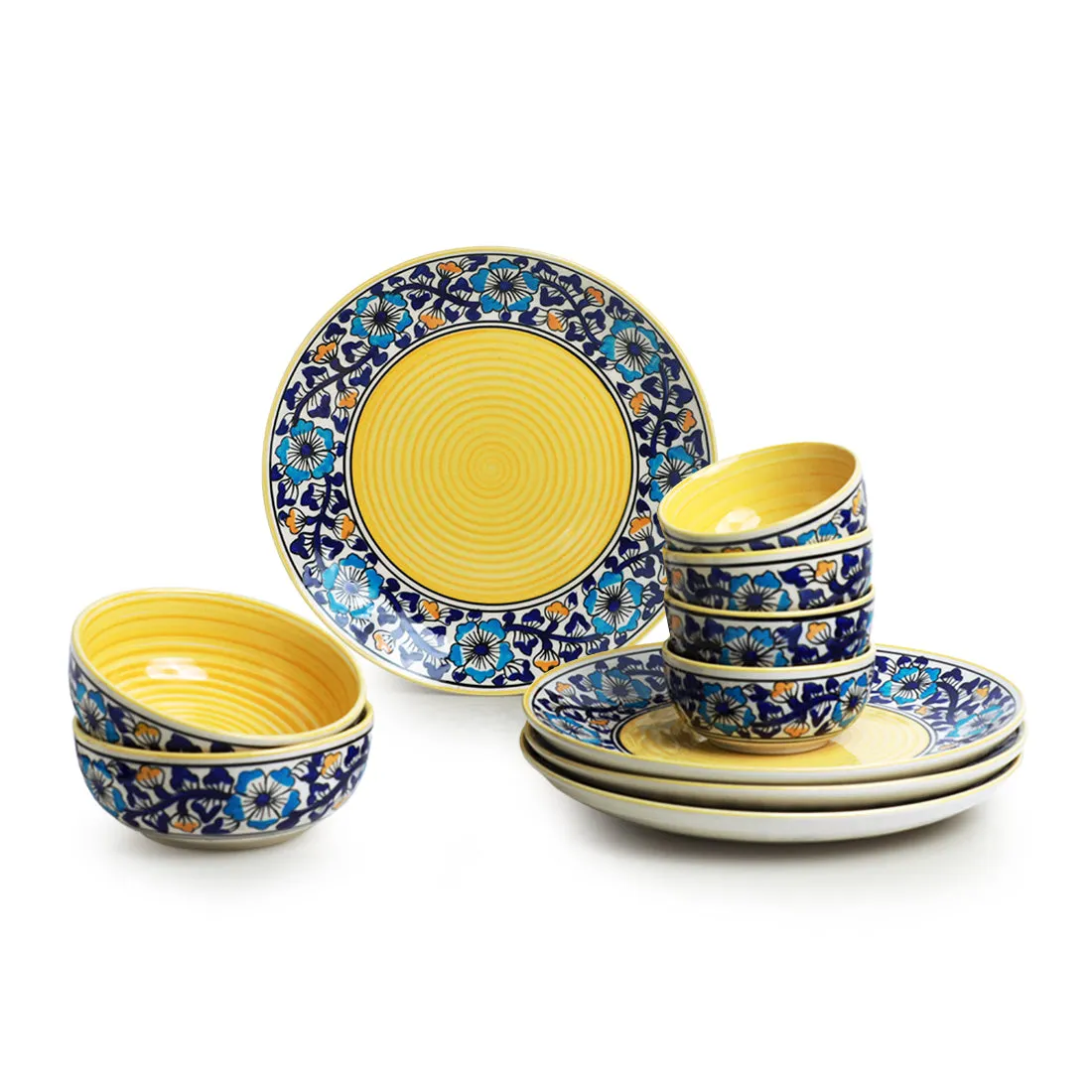 'Badamwari Bagheecha' Handpainted Ceramic Dinner Plates, Serving Bowls & Katoris (10 Pieces, Serving for 4, Microwave Safe)