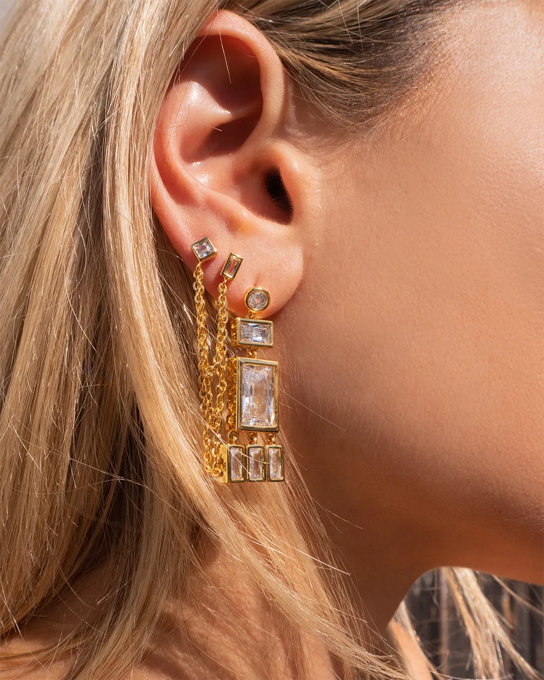 Baguette Shaker Statement Studs- Gold