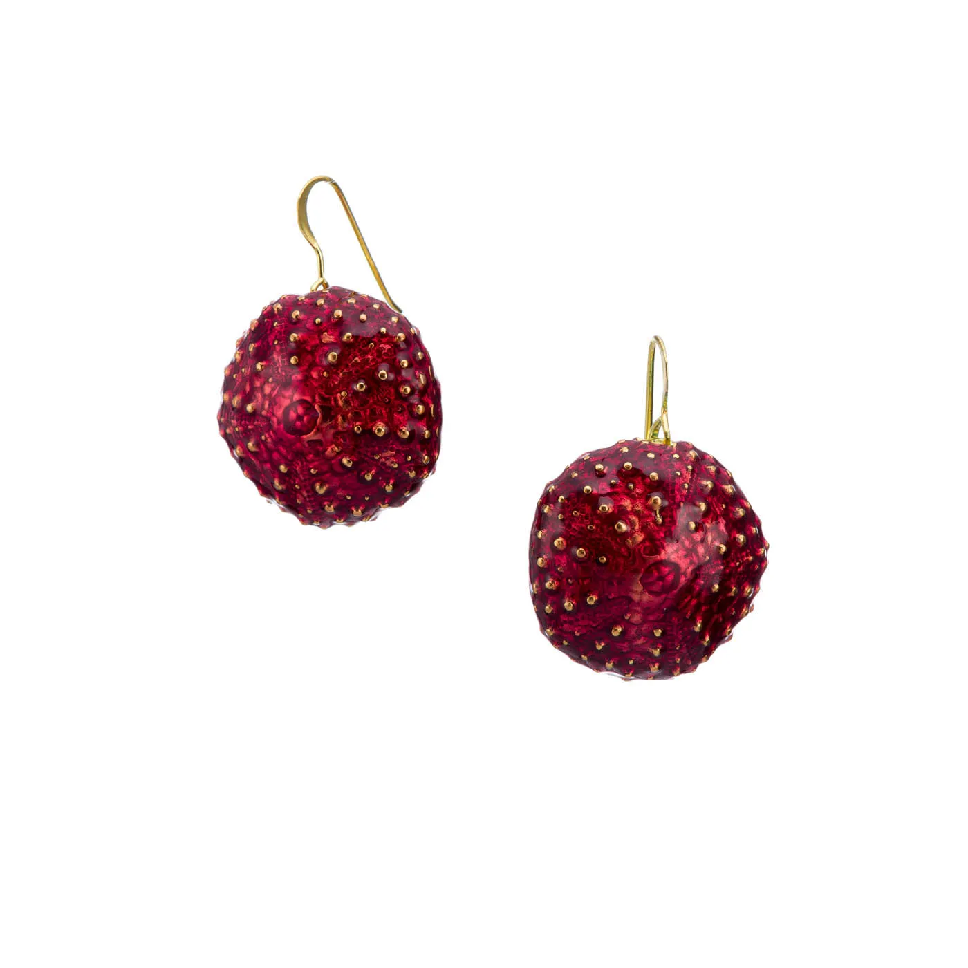 Big urchin with enamel - dangly earrings - brass - red