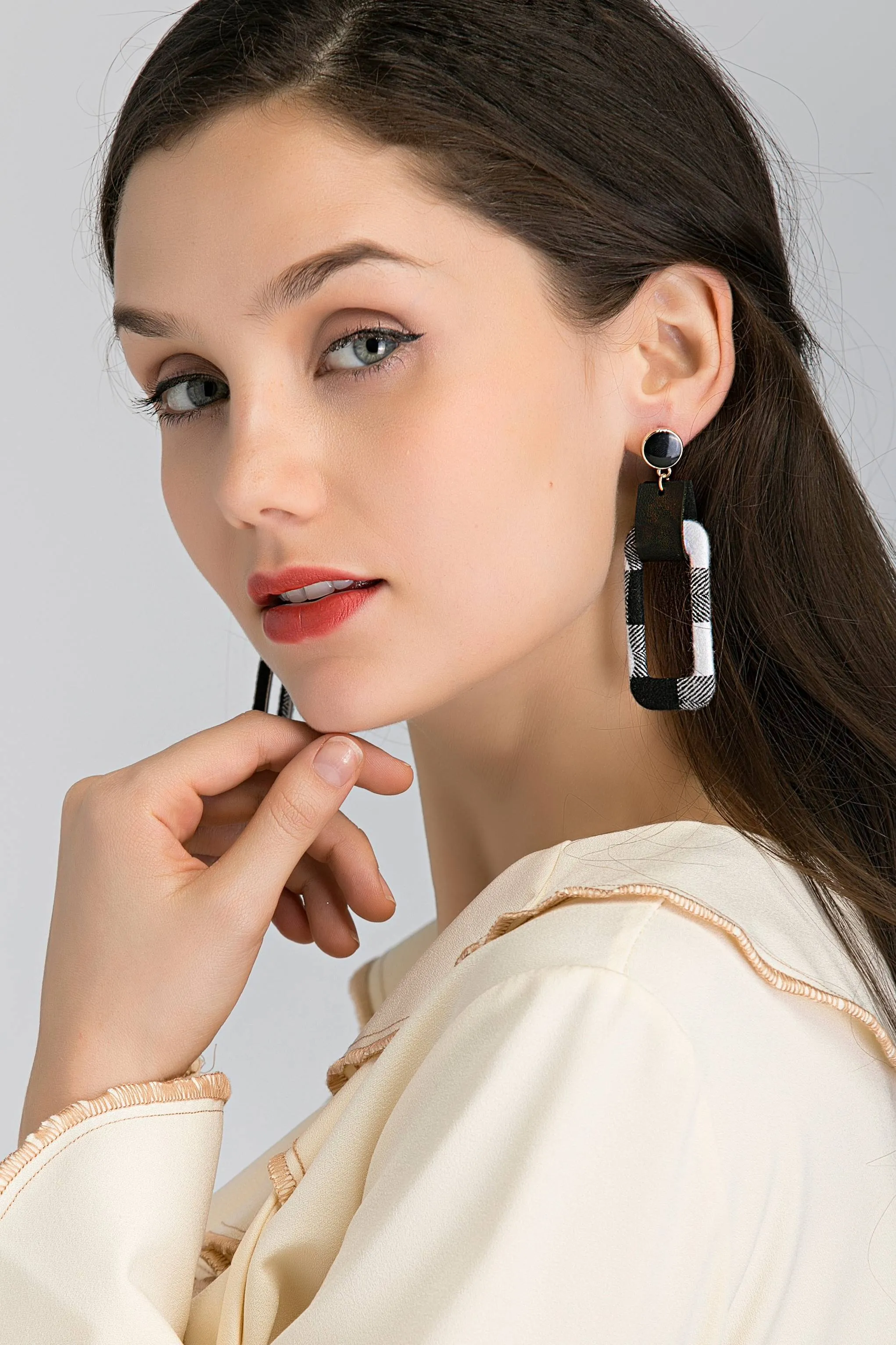 Black Button Stud and Check Rectangle Cut out Earrings