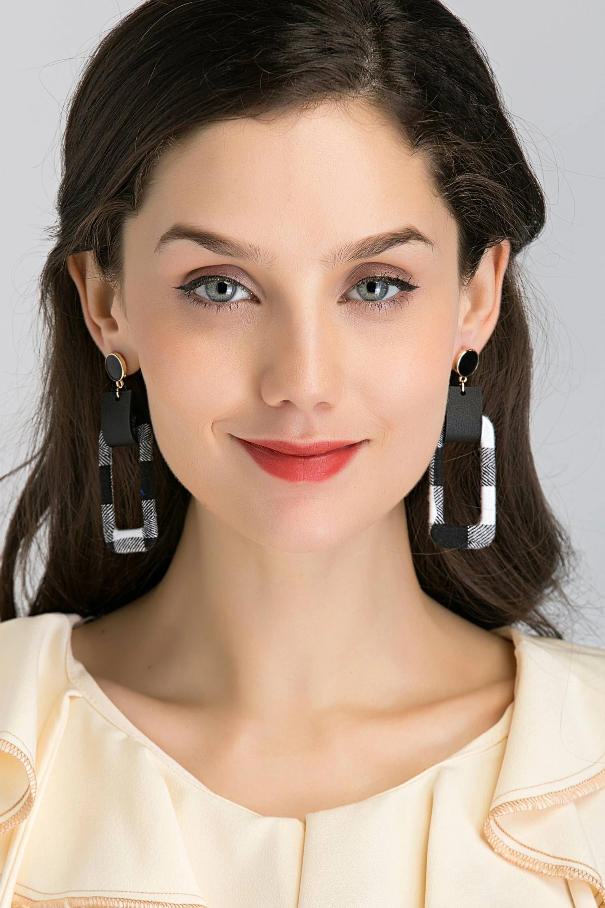 Black Button Stud and Check Rectangle Cut out Earrings