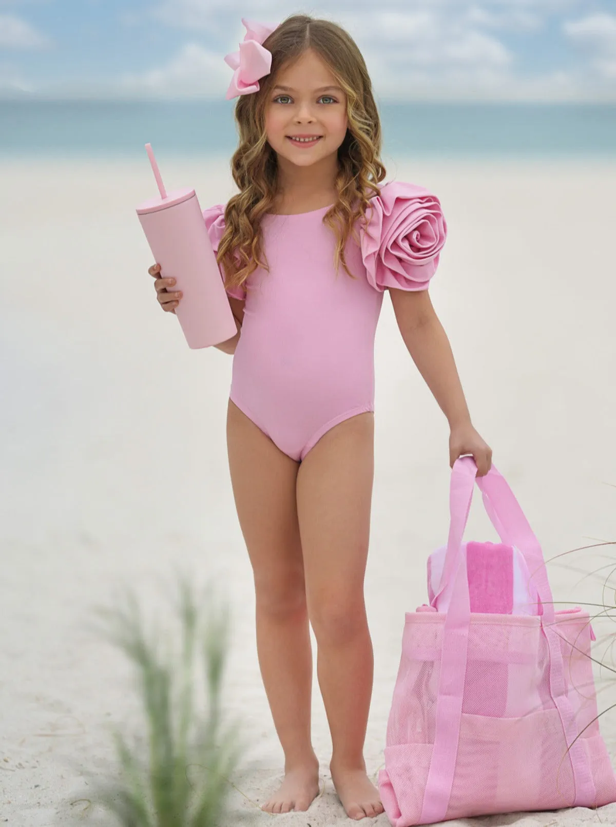 Blooming Rose Sleeve Light Pink One Piece Swimsuit