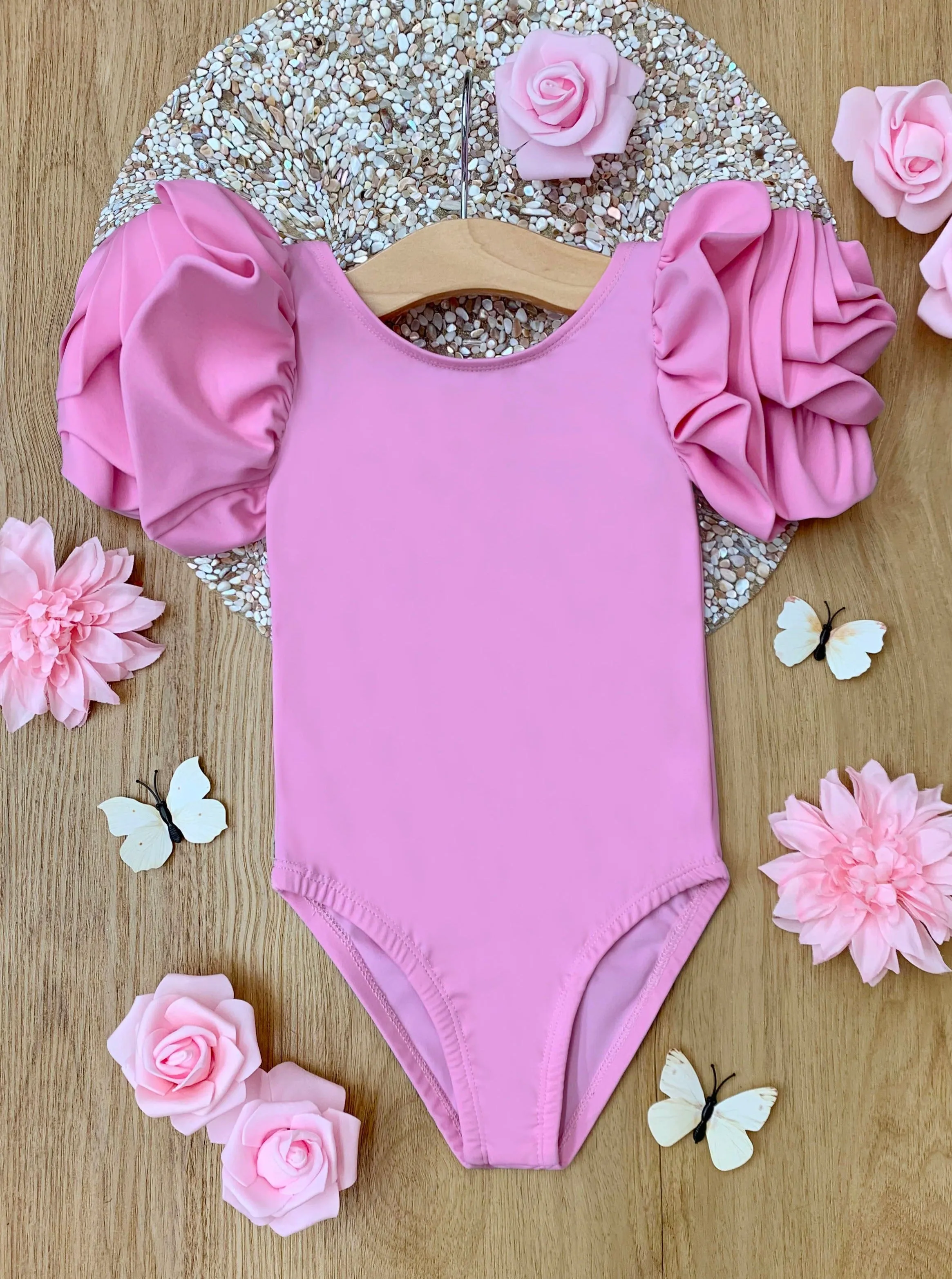 Blooming Rose Sleeve Light Pink One Piece Swimsuit