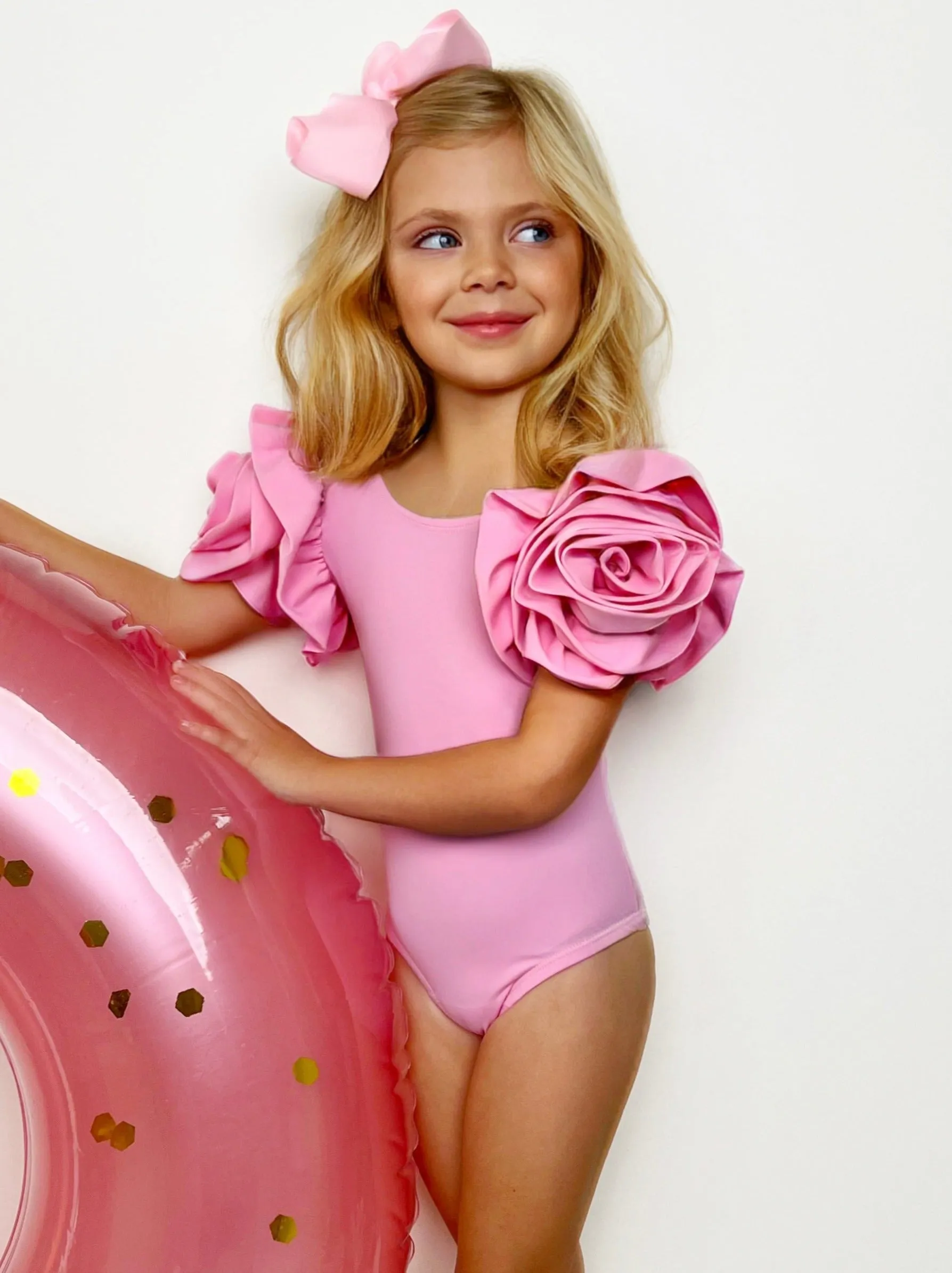 Blooming Rose Sleeve Light Pink One Piece Swimsuit