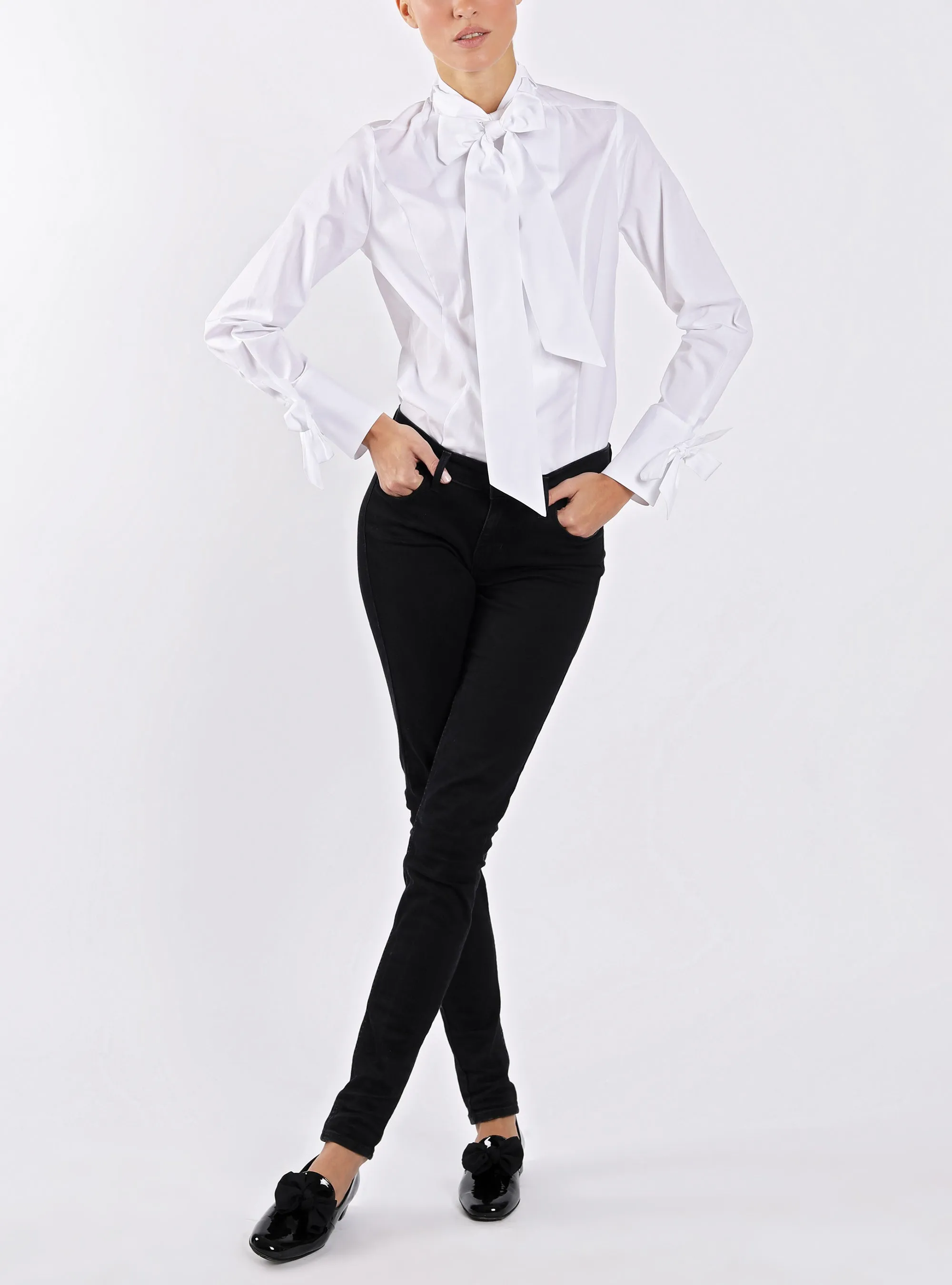 Blouse with standing collar and bow from two-ply cotton in white